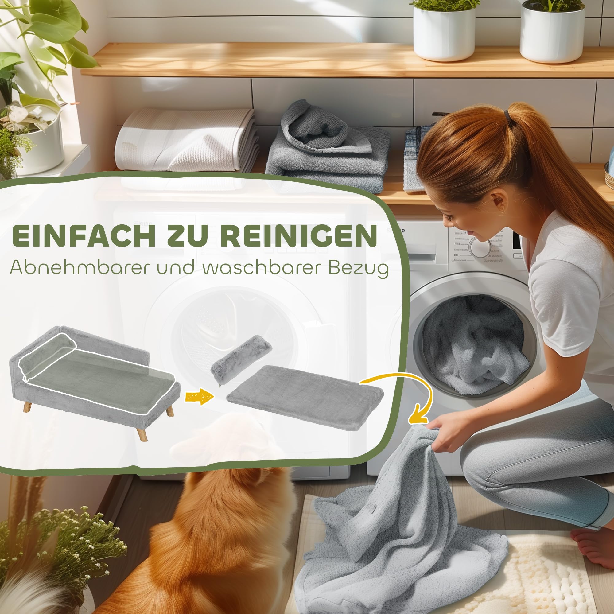 PawHut Hundesofa für mittelgroße Hunde, Hundebett mit abnehmbarem und waschbarem Kissen, Haustiersofa mit Holzbeine, mit Erhöhtem Design, 20 kg, Hellgrau