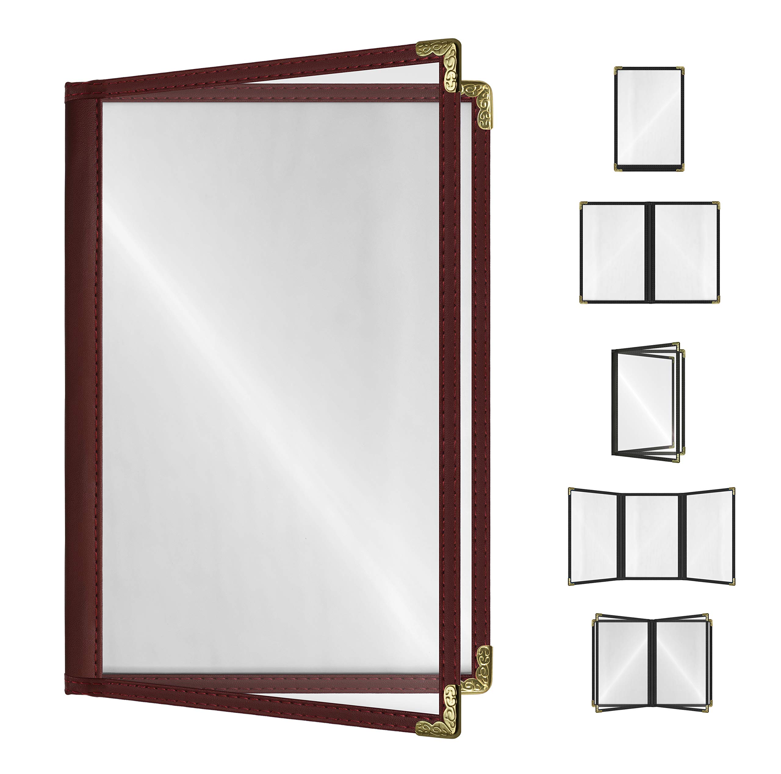 Goodsmart Restaurant Menu Covers – 25 Pack Burgundy 4-View, Side-Loading Menu Holders, Vinyl & Plastic Café Menu Covers, Clear Menu Sleeves, Fits 5.5
