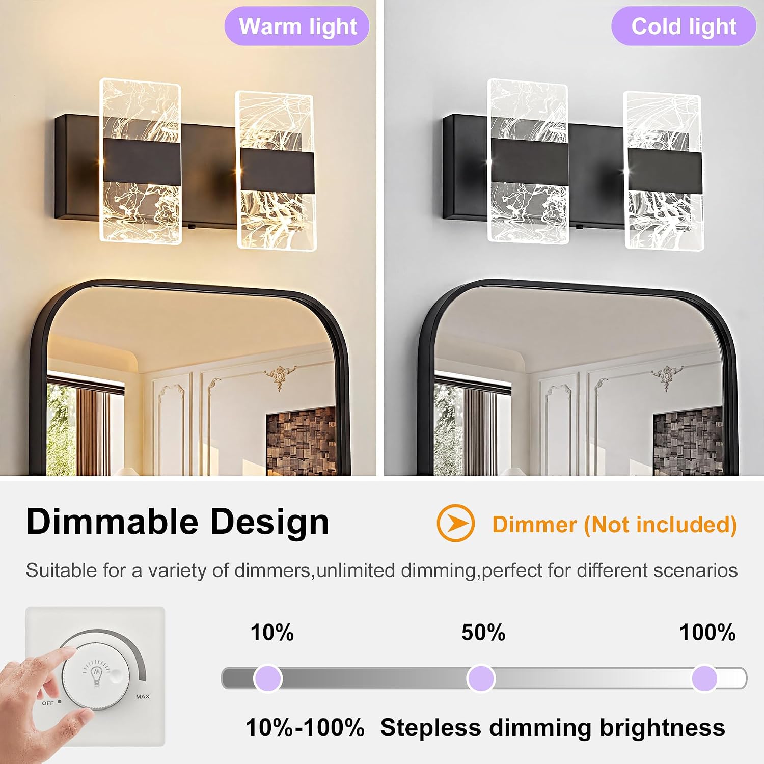 Modern LED Bathroom Light Fixtures Dimmable 2-Light Black Vanity Light, 5CCT Adjustable Lighting Fixture Vanity Lights Over Mirror, Smoked Acrylic LED Vanity Lights for Bathroom