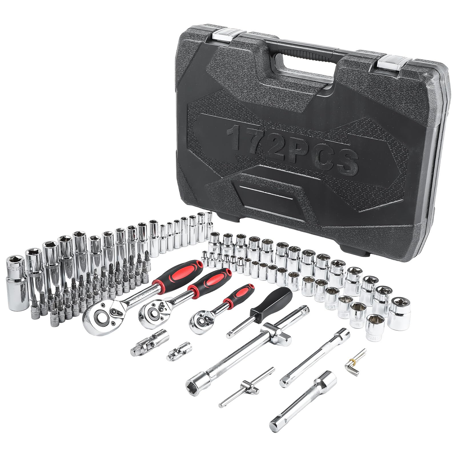 KingSaid Juego de herramientas 172 piezas Maletín de herramientas con carracas 1/2", 3/8", 1/4" | Juego de llaves de vaso, destornilladores y puntas Caja de herramientas completa para taller y coche