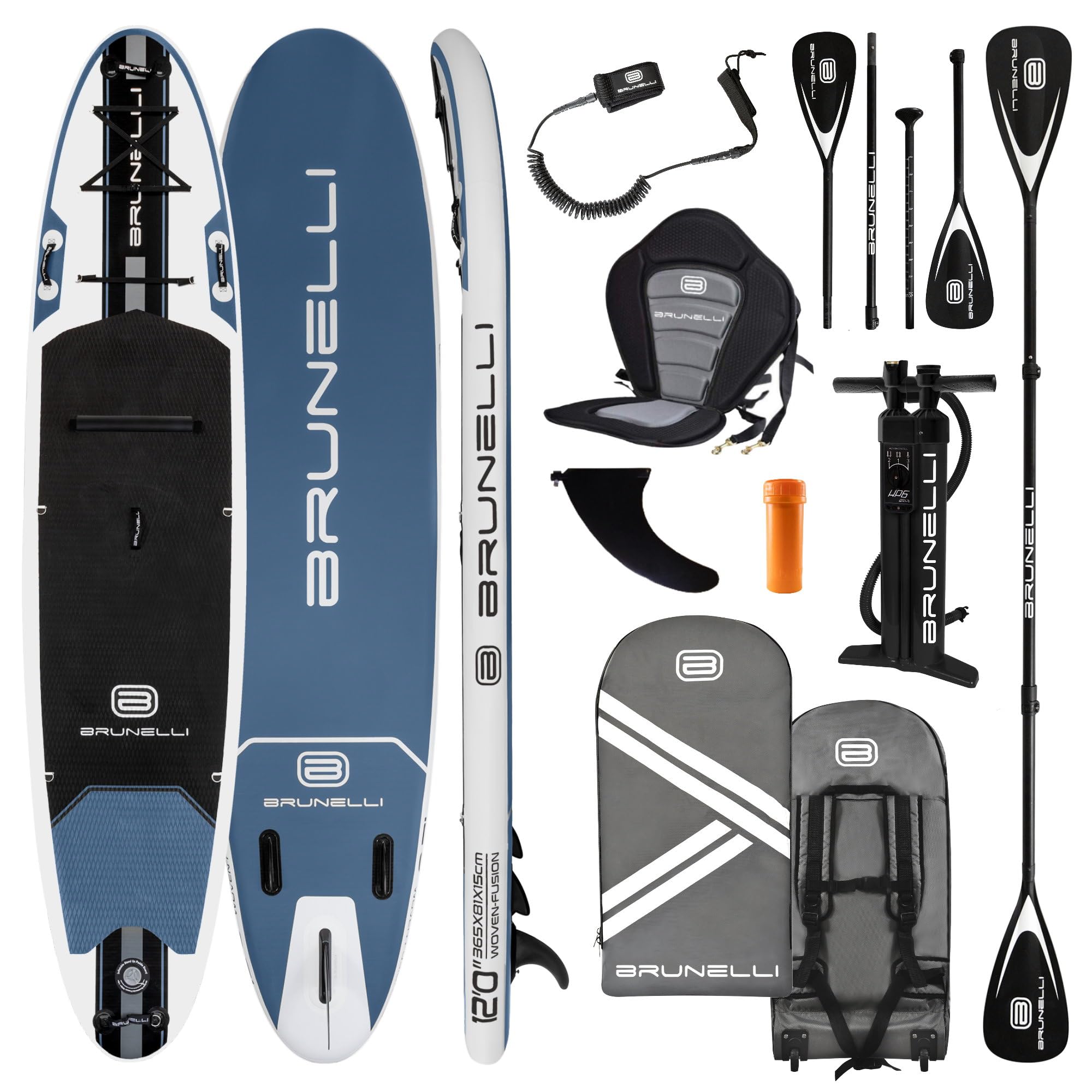 Brunelli Monster Premium - Tabla de surf hinchable (365 cm), Tabla, remo de aluminio, asiento de piel y kayak.
