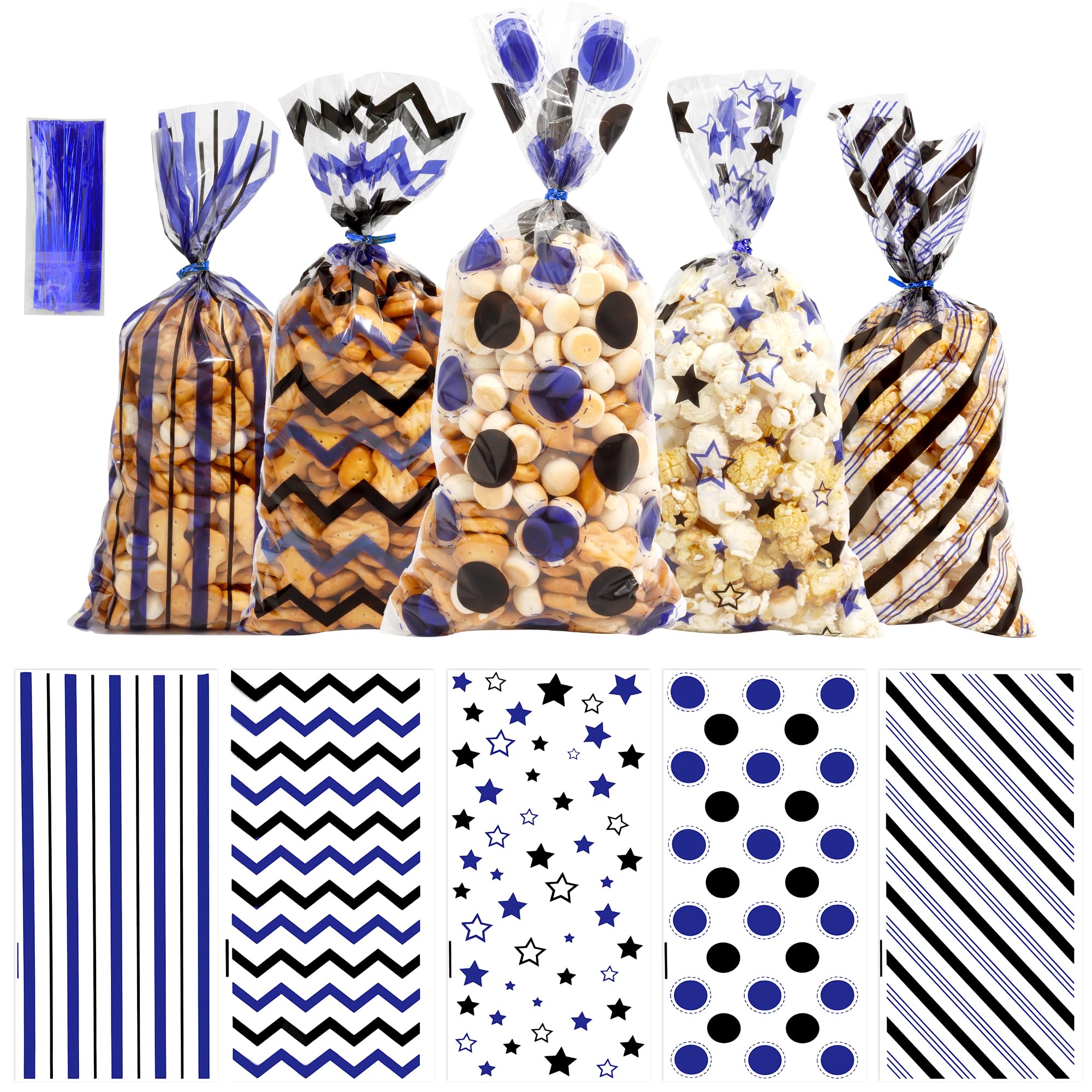 Graduation Treat Bags, Graduation Cellophane Treat Bags, 100 PCS Blue Black Candy Bag, Plastic Cookie Goodie Gift Bag with 100 PCS Twist Ties for