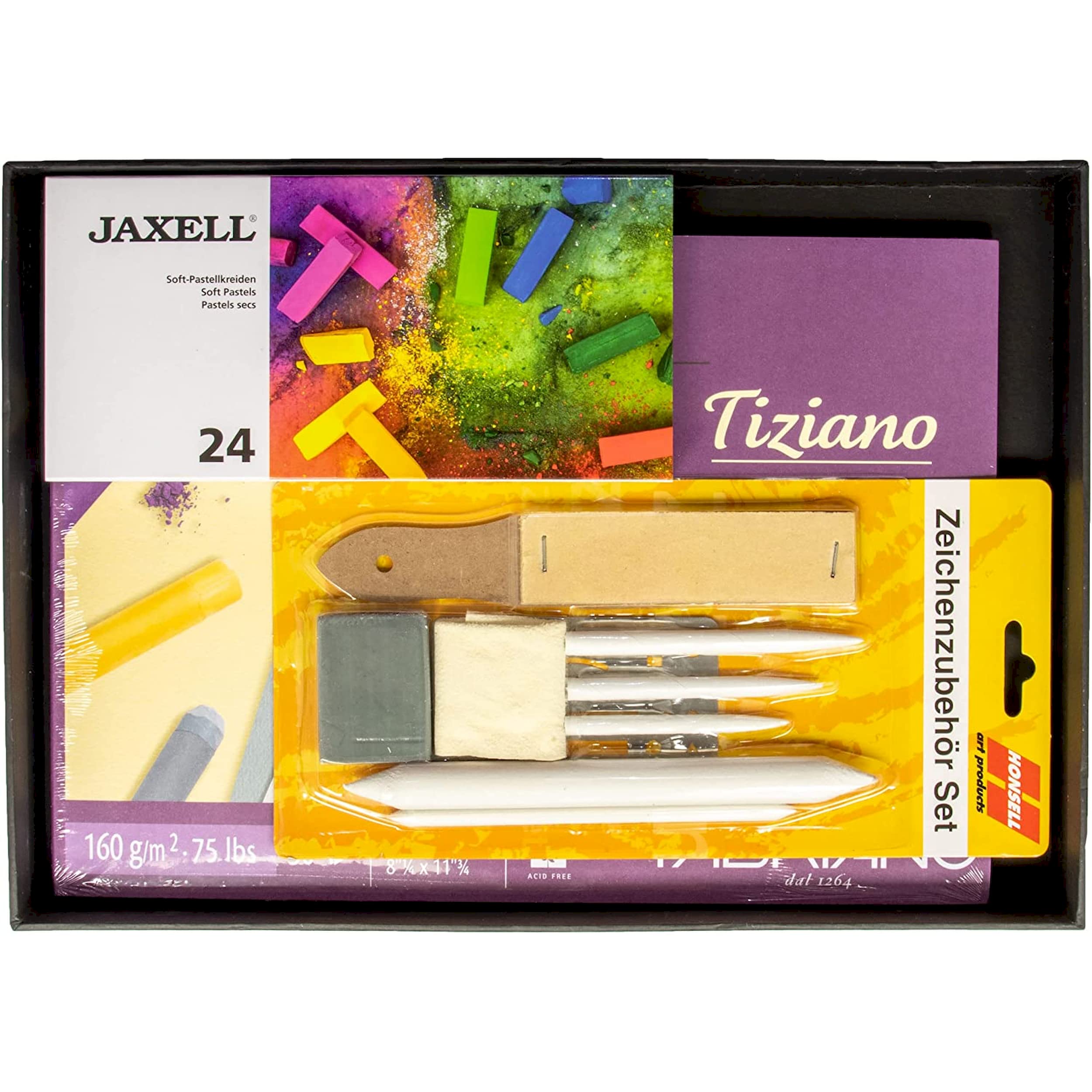 Honsell 14-99890 - Pastellfarbenset "Pastelli" - Künstler Set, Schwarze Aufbewahrungsbox mit 24 Soft-Pastellkreiden, Zeichenzubehör-Set und einem Zeichenblock in DIN A4