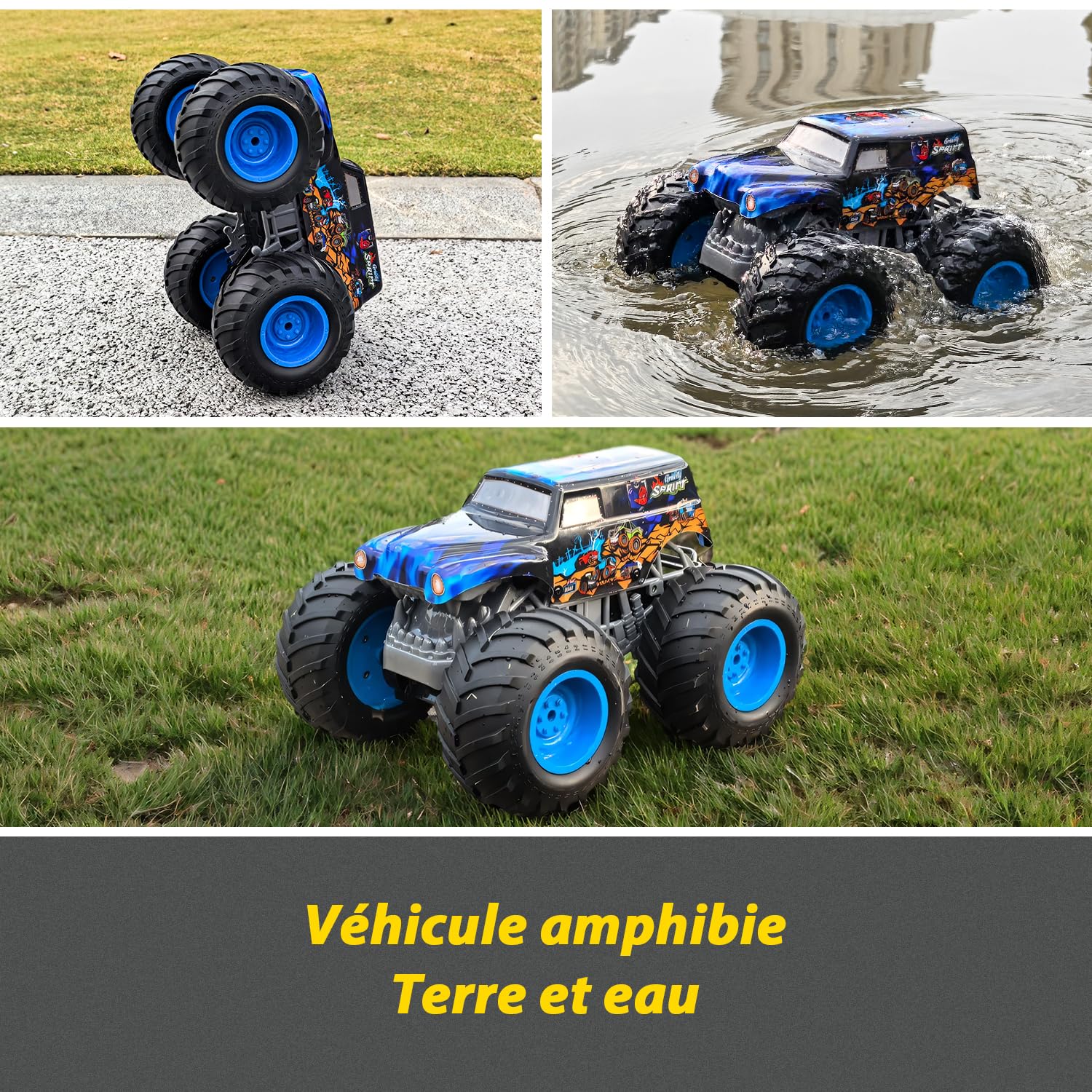 Monster Truck Télécommandé, 1:16 Voiture Télécommandée Enfant avec Éclairage, 360° Rotation, Conduite Inversée, Marche Debout, Voiture Radiocommandée Amphibie 2,4 GHz pour Enfants dès 4, 6, 8 Ans