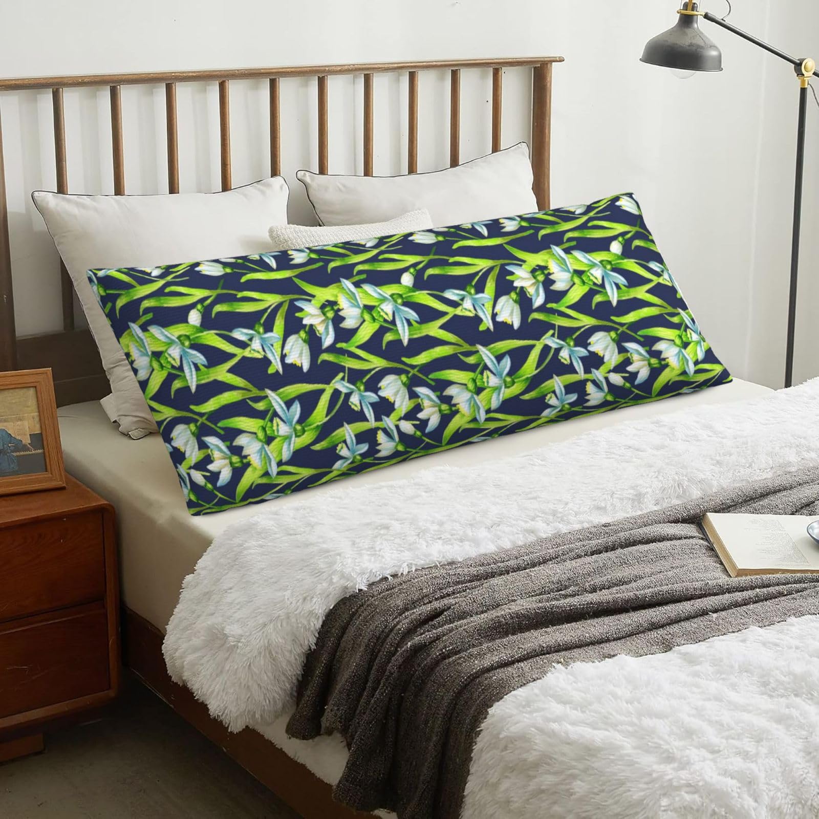 Snowdrop Flowers, Body Pillow Cover with Zipper,Long Body Pillowcase 20 x 60 in