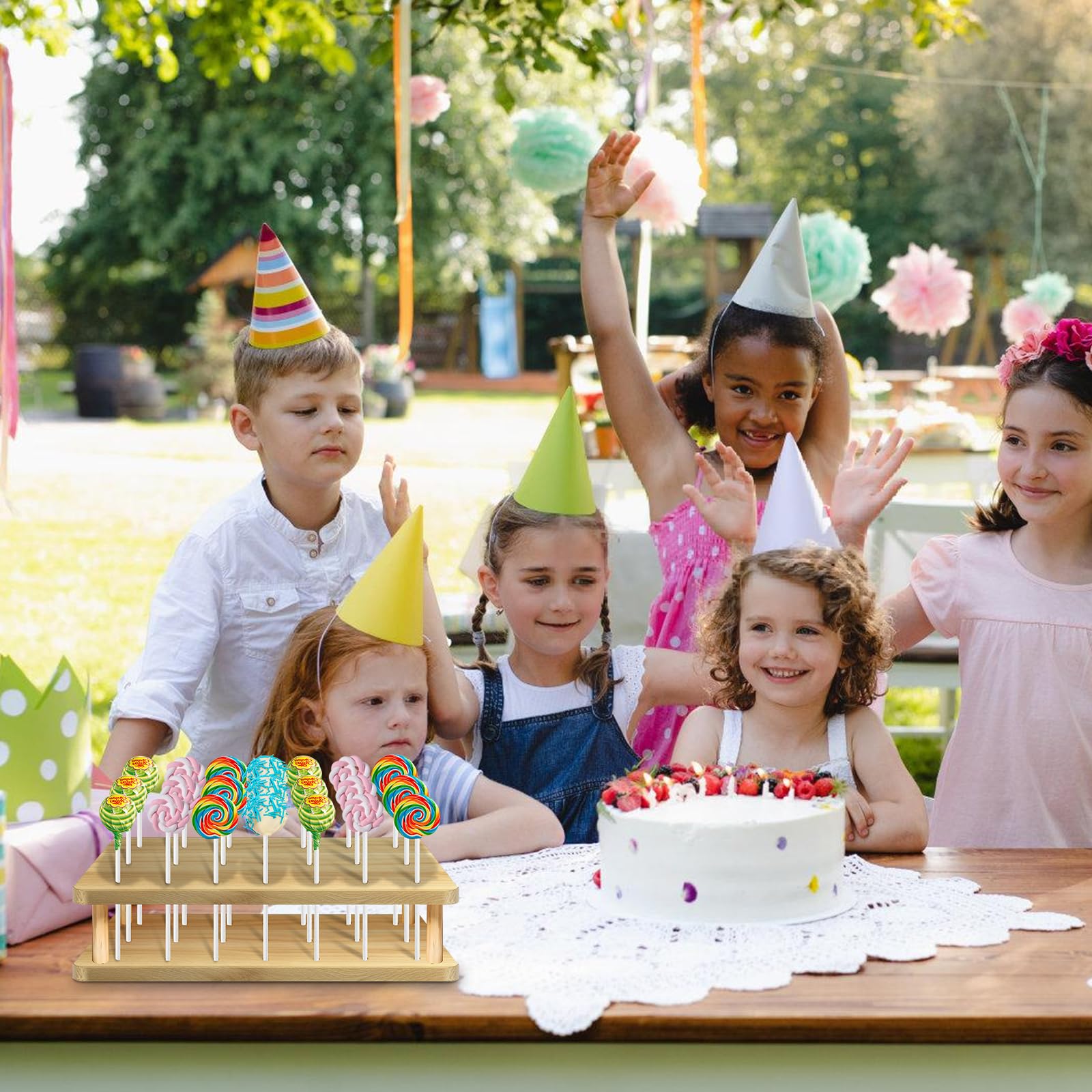 Soporte para Cake Pop: Madera Soporte de Piruletas de 21 Agujeros con 100 Palitos de Papel Blanco, Soporte para Piruletas para Bodas, Fiestas de Cumpleaños, Baby Showers, Aniversarios