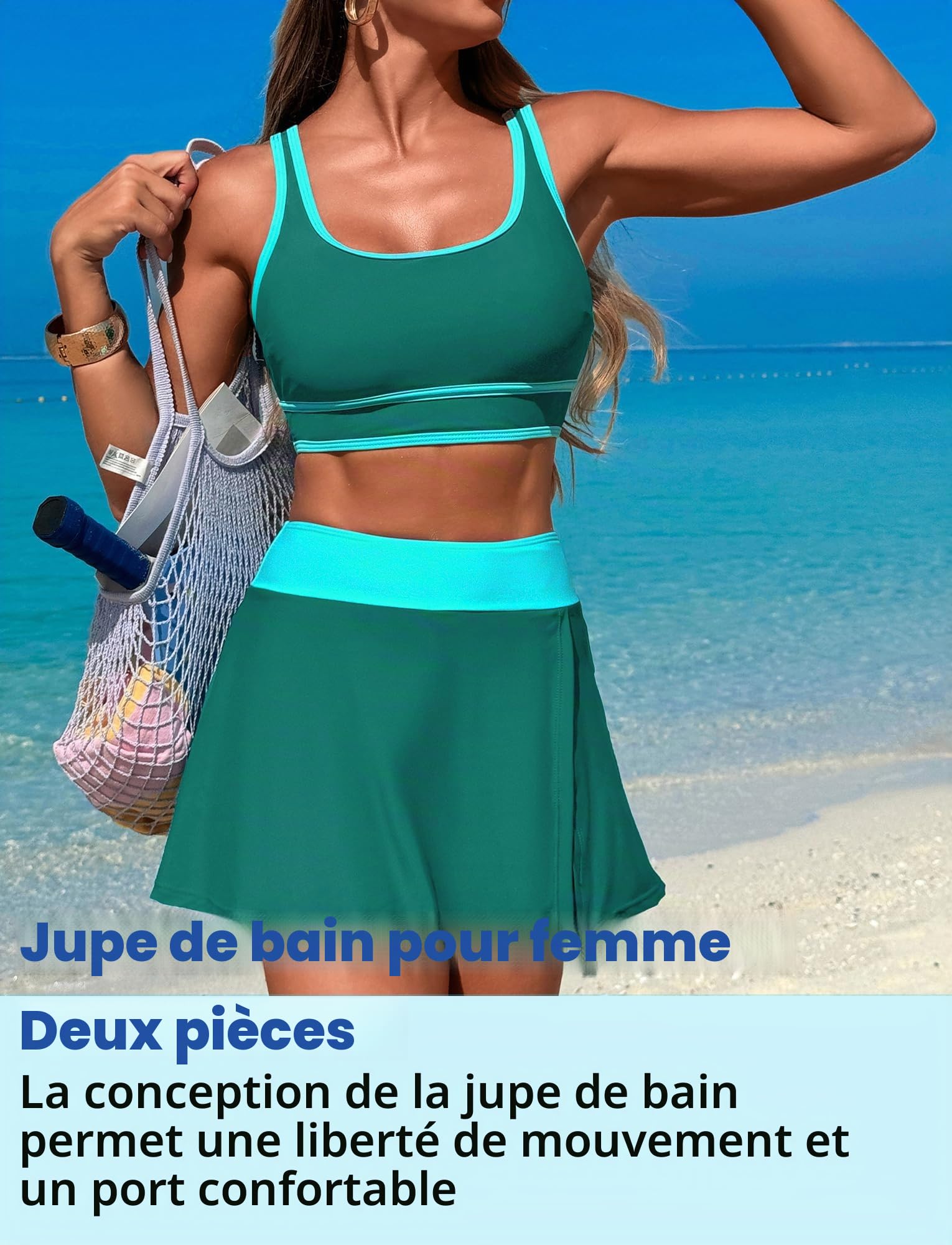 SEAUR Maillot de Bain Deux Pièces avec Jupe Femme Col en U Bikini Push Up Dos Nu Sportif Bikini Set S-XL