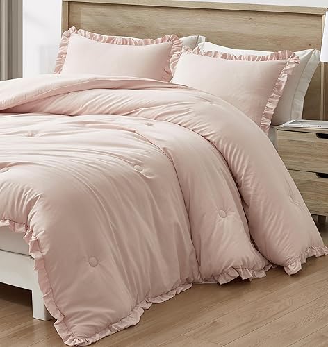 Miniatura 7 de Nora - Juego de edredón de microfibra lavada suave con ribete de volantes y bordes (tamaño Queen, color rubor)