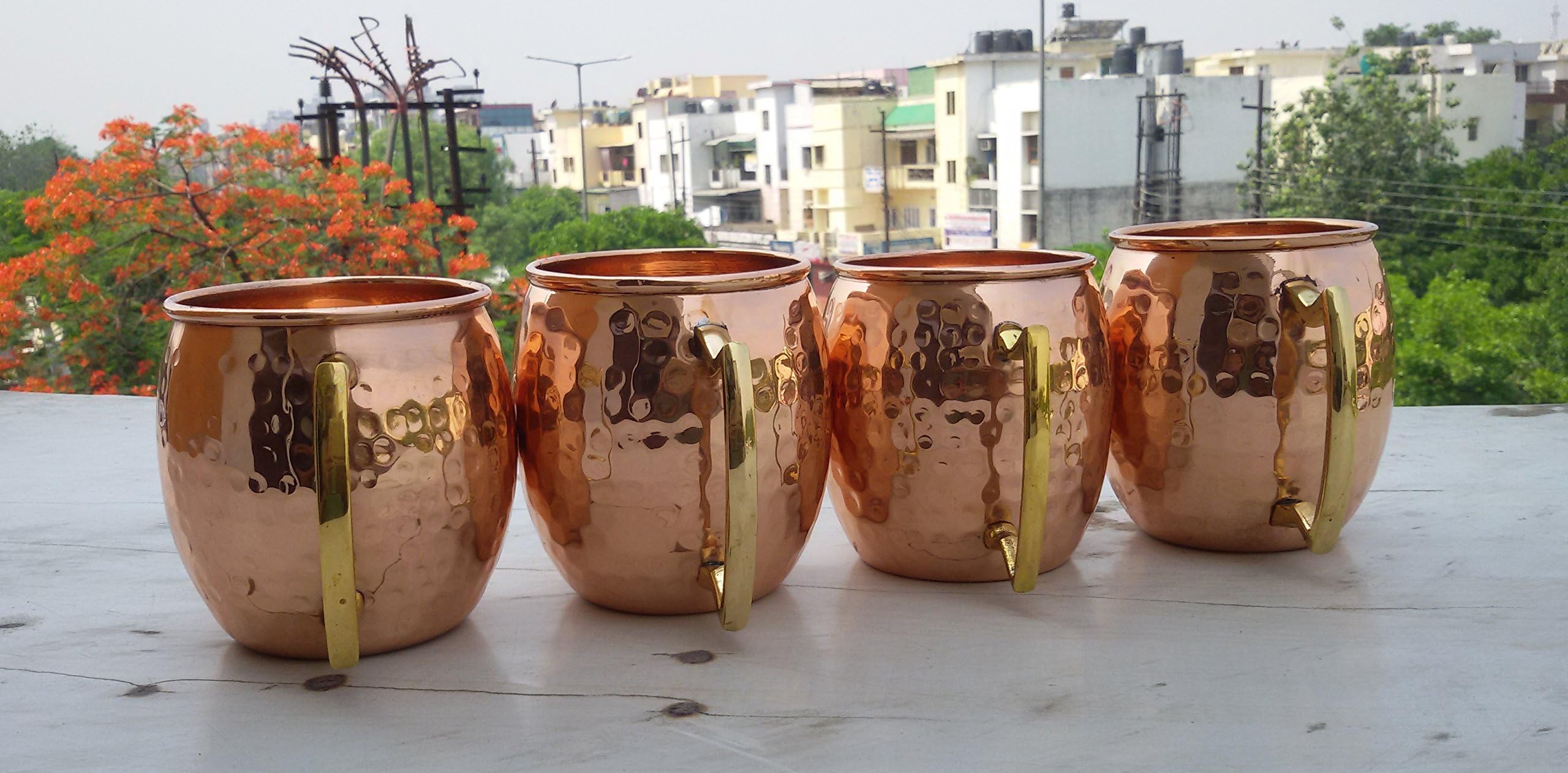 Hammered Copper Moscow Mule Mug Handmade of 100% Pure Copper, Brass Handle Solid Copper Moscow Mule Mug/Cup, Size-16 Ounce, Set Of-4, Without Lacquered.