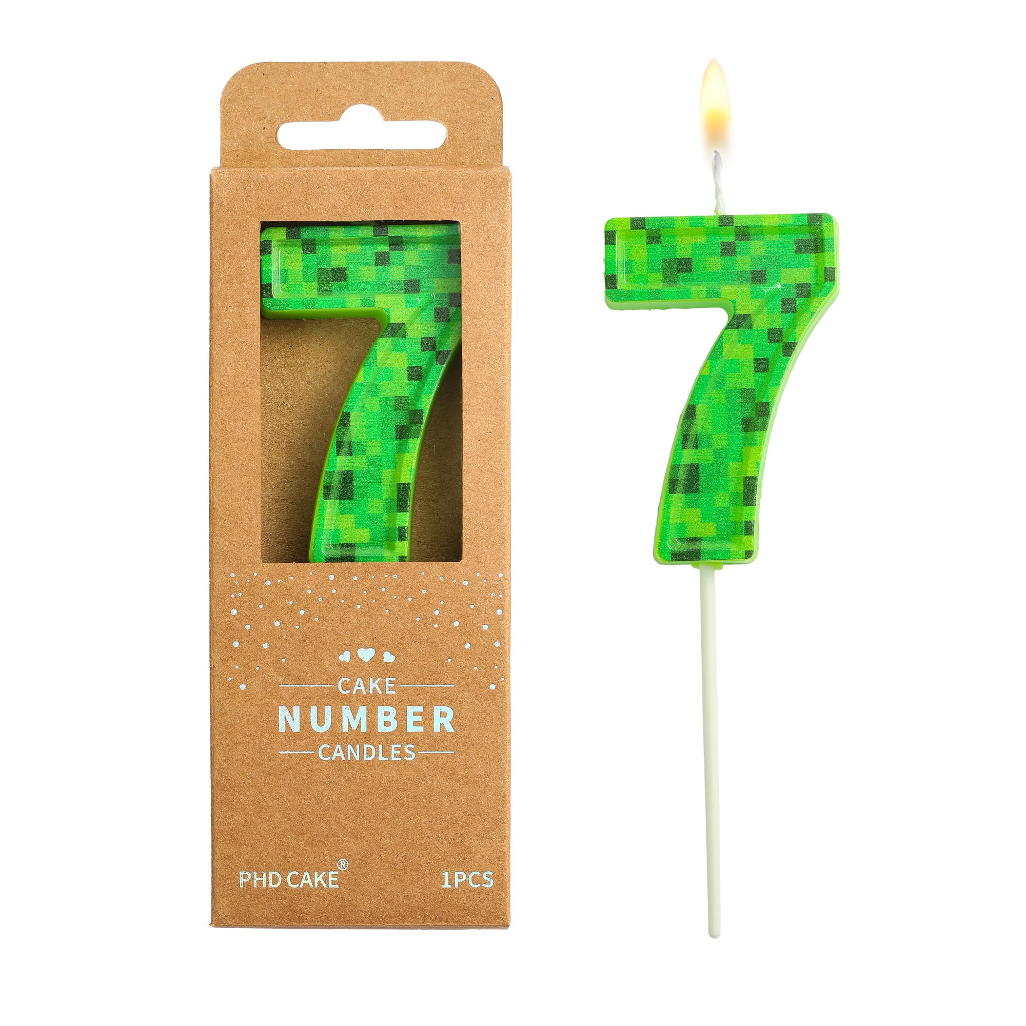 PHD CAKE 2.76 Inch Number 7 Pixel Birthday Candles, Green Miner Number Candles, Cake Number Candles, Party Celebration, Style Candle