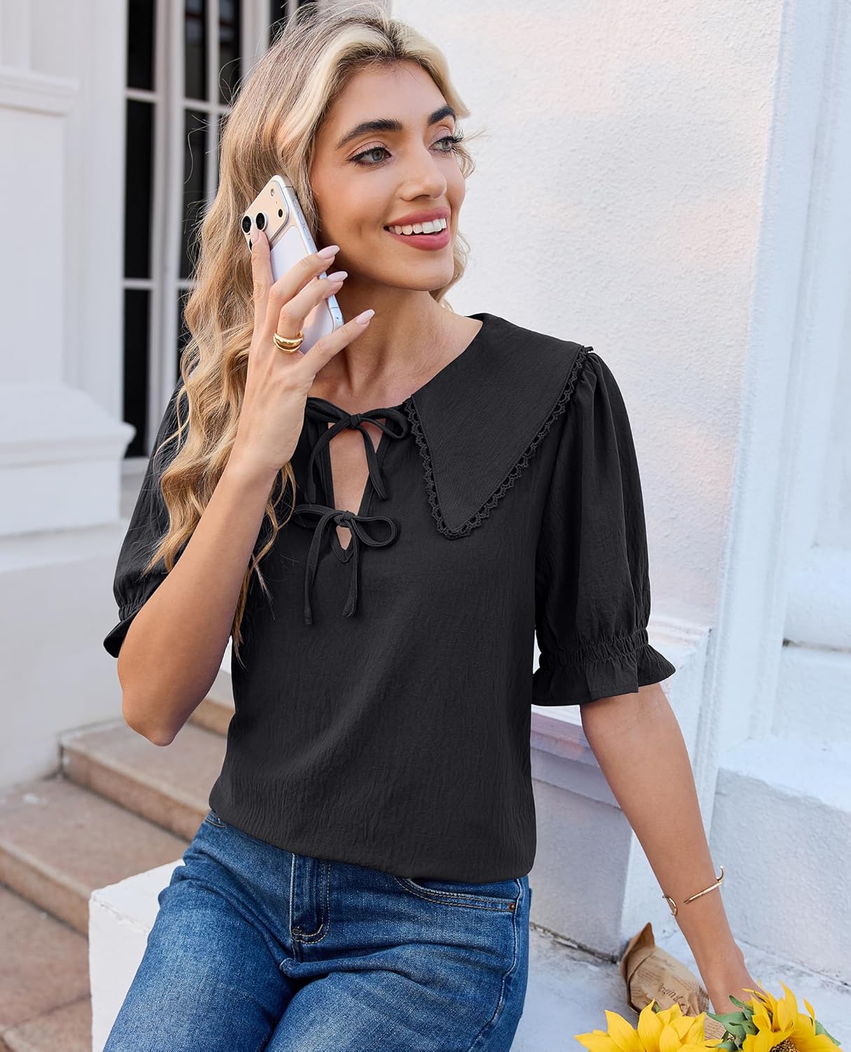 siliteelon Women's Short Puff Sleeve Ruffle Tops Bow Tie Front Shirts Peter Pan Collar 2026 Summer Cute Dressy Casual Blouses - Image 4