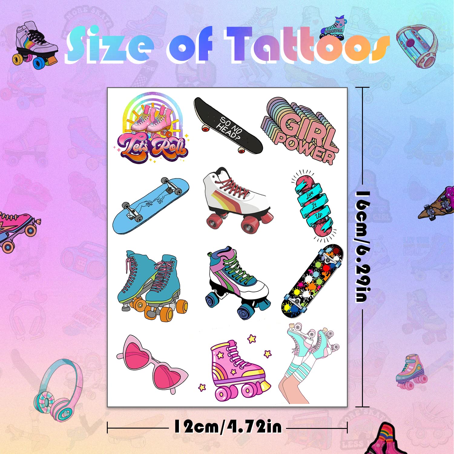 YYMYMGJ 16 Sheet Roller Skate Party Favors Roller Skating Temporary Tattoos Stickers for Kids Girls Boys Throwback to 90s Roller Skate Theme Party Decorations supplies (192 PCS) - Image 3
