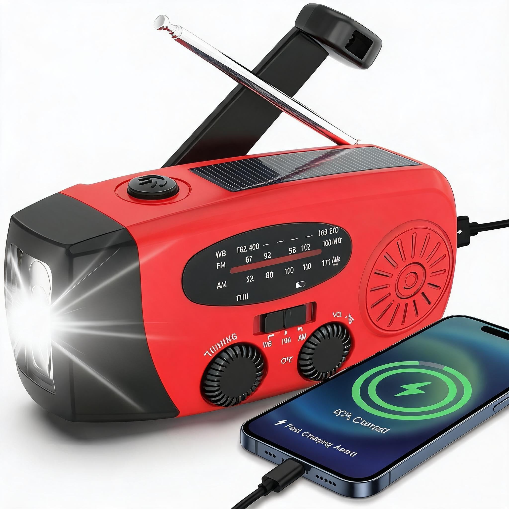 Radio di Emergenza con Manovella e Solare, Powerbank 2000mAh per Cellulare, Torcia LED con Allarme SOS, Radio AM/FM Portatile per Blackout, Tempesta, Campeggio, Escursionismo, Auto e Famiglia