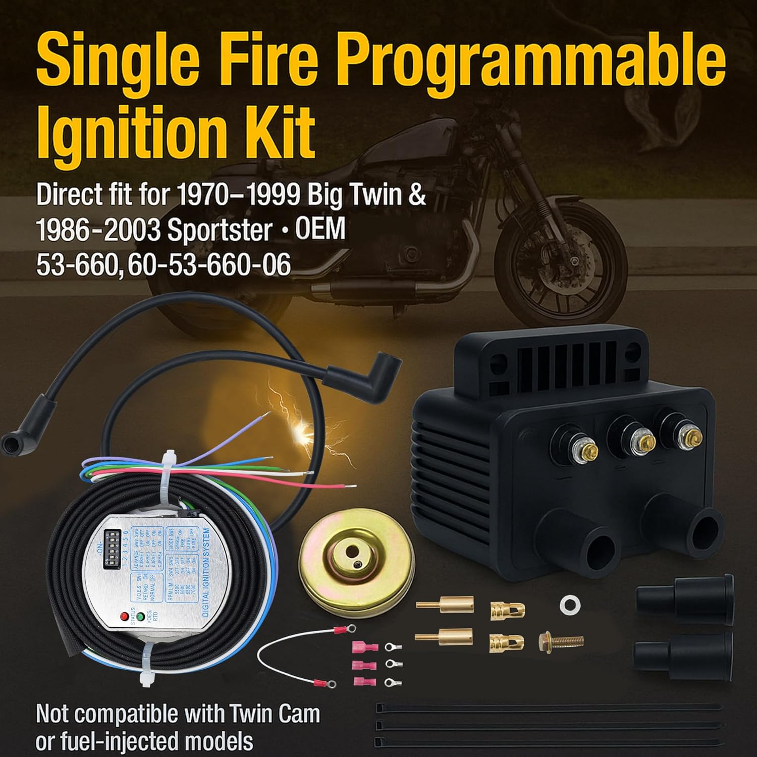 Single Fire Programmable Ignition Coil Kit - Compatible with 1970-1999 Harley-Davidson Big Twin (Except Twin Cam) & 1986-2003 Sportster (Except S models), Replaces 53-660