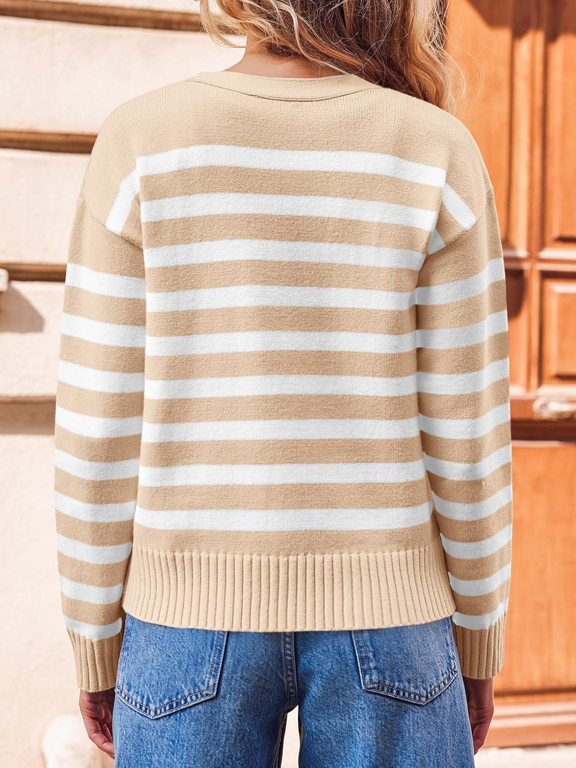 Saodimallsu Womens Striped Cardigan Sweaters V Neck Button Down Long Sleeve Open Front Ribbed Knit Outerwear - Image 6