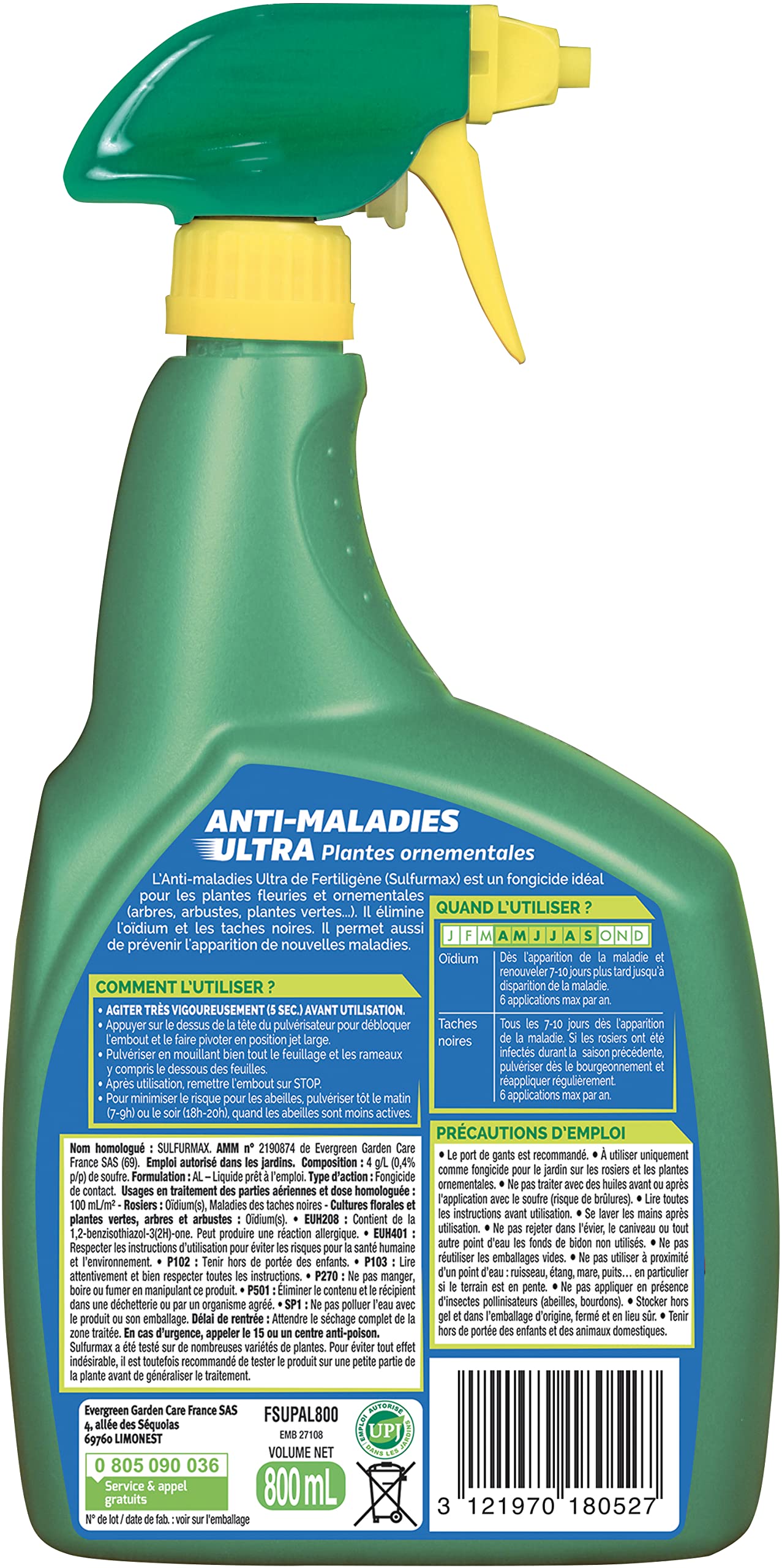 FERTILIGÈNE Anti-Maladies Plantes Ornementales 800ml – Action Préventive & Curative – Combat l'Oïdium et les Taches Noires – Utilisable en Agriculture Biologique