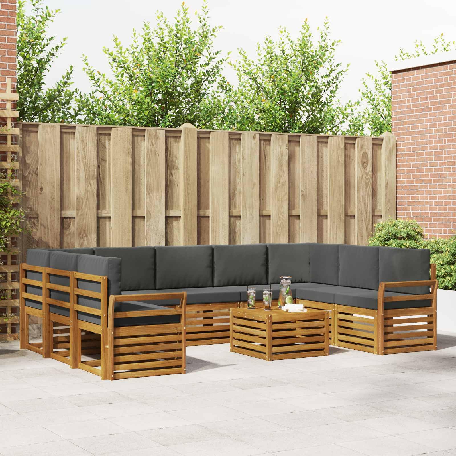 Gartenmöbelgarnitur Set 10-teilig aus massivem Akazienholz für Terrasse Balkon und Garten wetterfest modulare Sitzgruppe mit Tisch, Sofas, Sesseln, Kissen und Aufbewahrung