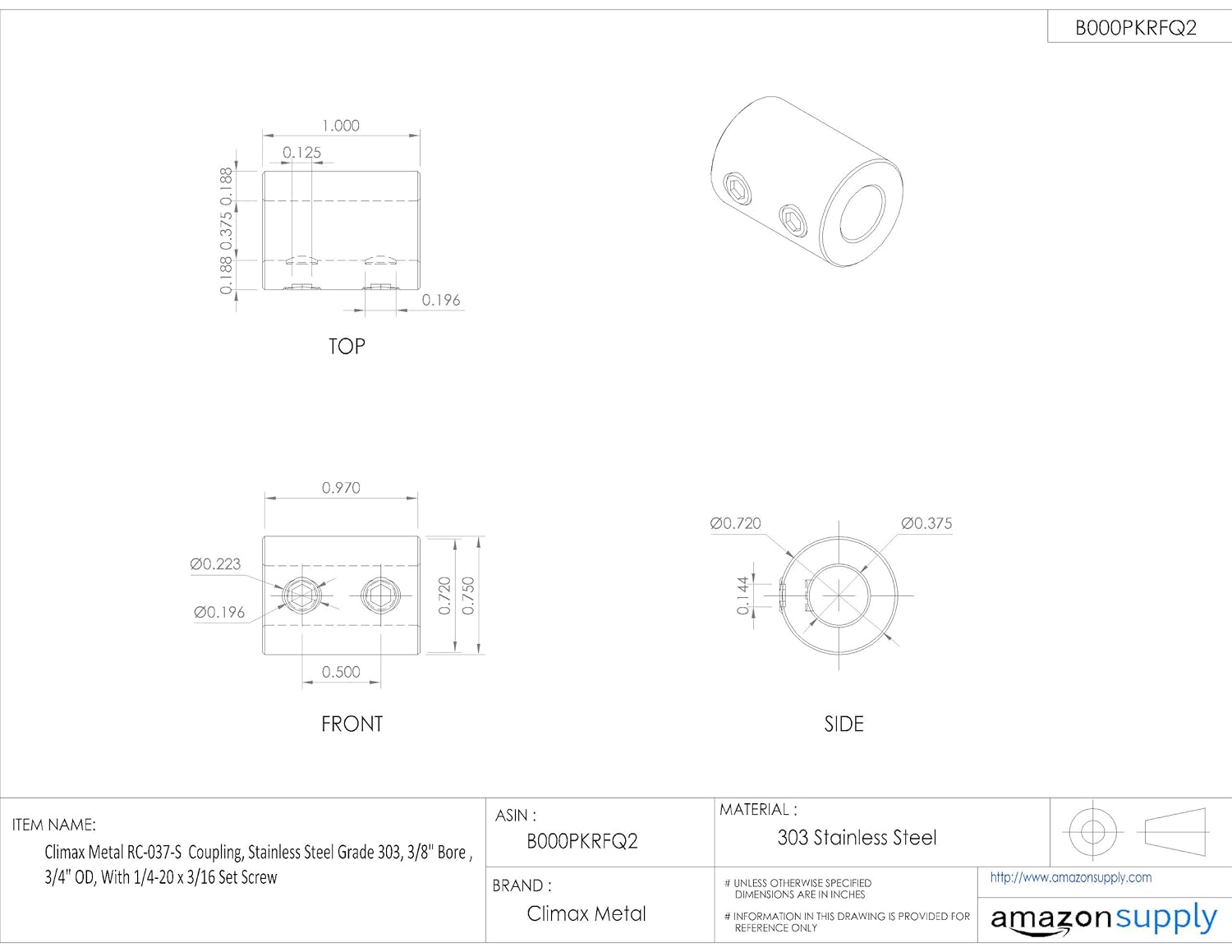 Climax Metal RC-037-S Coupling, Stainless Steel Grade 303, 3/8" Bore , 3/4" OD, With 1/4-20 x 3/16 Set Screw