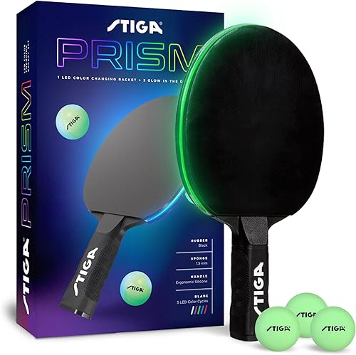 STIGA Prism - Paleta LED de ping pong, 5 ciclos de color LED, modo degradado de color, incluye 3 bolas que brillan en la oscuridad, esponja de 0.059