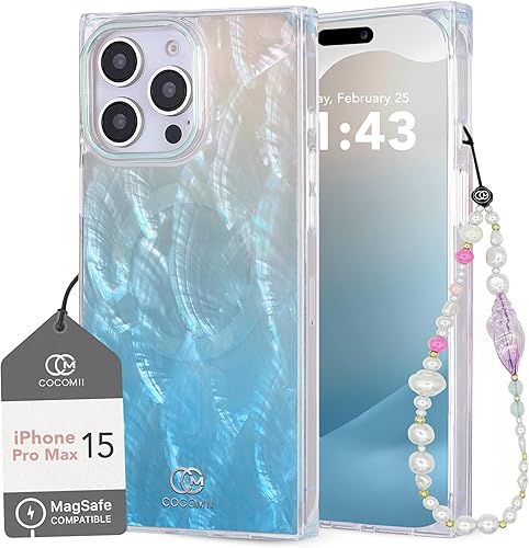 Cocomii Funda rectangular para iPhone 15 Pro Max, madre perla, concha marina opalescente, playa turquesa + correa de muñeca hecha a mano para