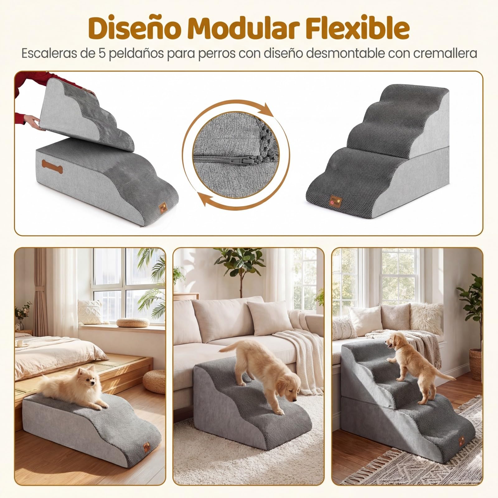 COSTWAY Escalera para Perros 4 Peldaños de Espuma, Rampas Rerros Transformables de Alta Densidad con Base Antideslizante, Funda Lavable, Rodillo Quita Pelusas, para Sofás y Camas (85 x 40,5 x 56 cm)