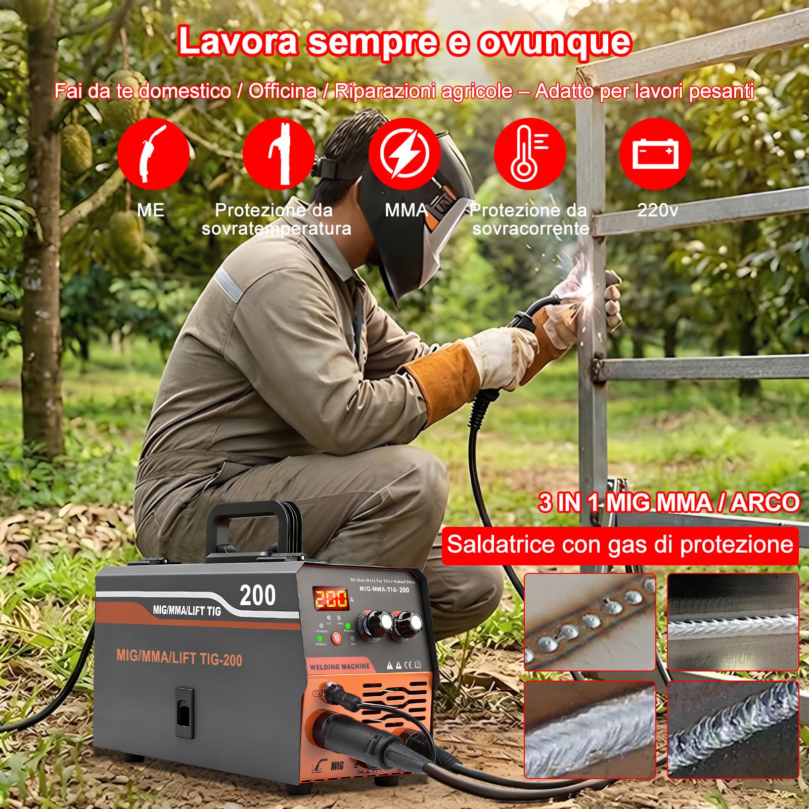 Saldatrice MIG, 20-200A Saldatrice a Filo Animato Senza Gas, Saldatrice Inverter 3 in 1 MIG/MMA/LIFT TIG, con Tecnologia Inverter IGBT e Display LCD, Filo 1,0 mm, 2,5 mm Rod, Pistola di Saldatura