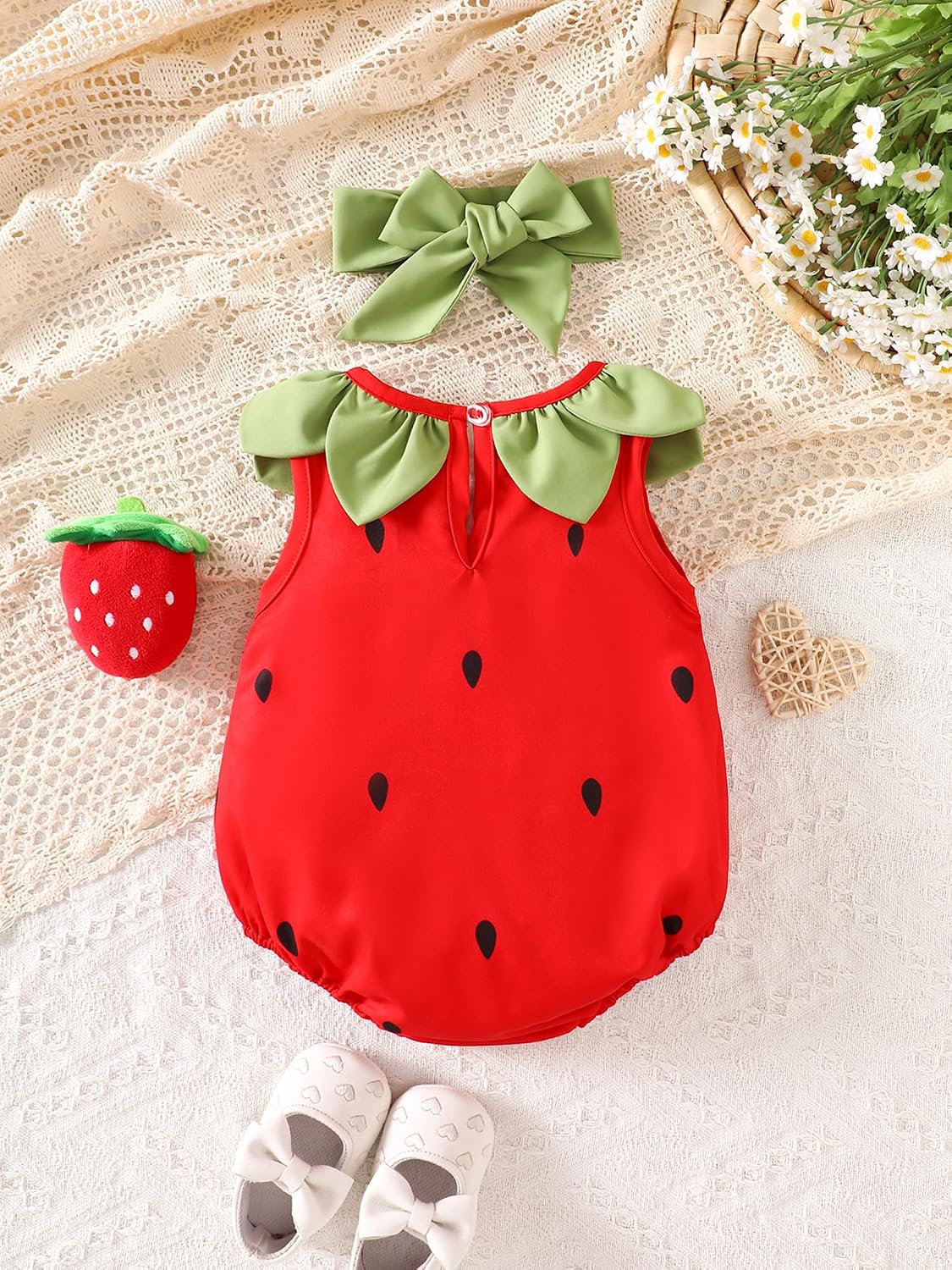 Baby Girl Romper Cute Strawberry Fruit Summer Outfit Sleeveless Jumpsuit with Headband Newborn Infant Clothes