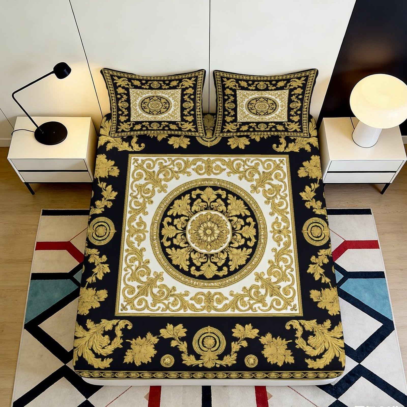 3D Printed Baroque Gold Pattern Fitted Sheet Microfiber Soft Black Ornamental Bed Cover for Bedroom Guestroom Decor 90x200x25cm