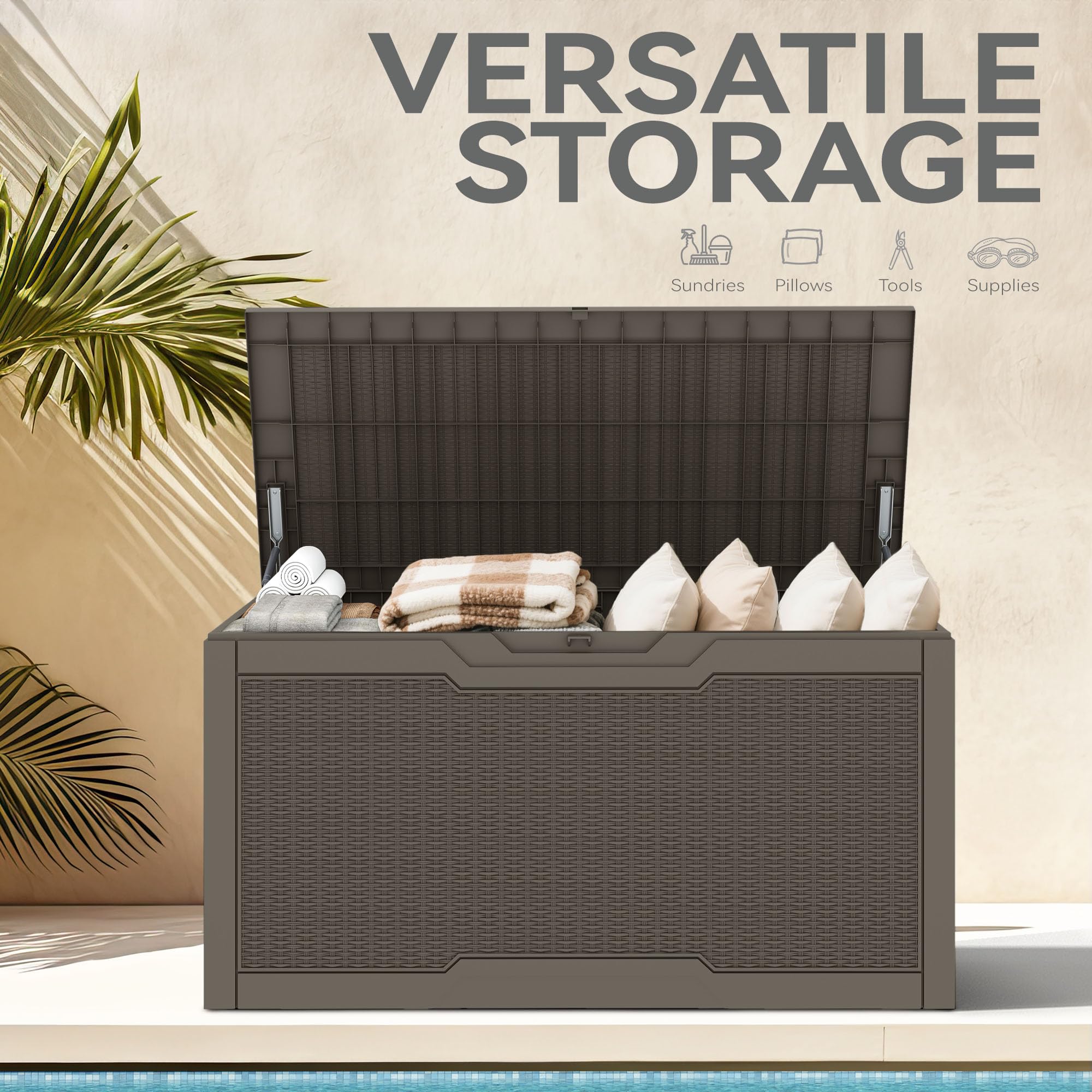 DWVO Gartenbox Auflagenbox Aufbewahrungsbox Kissenbox Outdoor Gartentruhe|Moderne Rattan|Wasserdicht Gasdruckfeder|Für Sitzauflagen Gartengeräte & Kinderspielzeug|380 Liter 115.4x55x58.3cm|Hellbraun