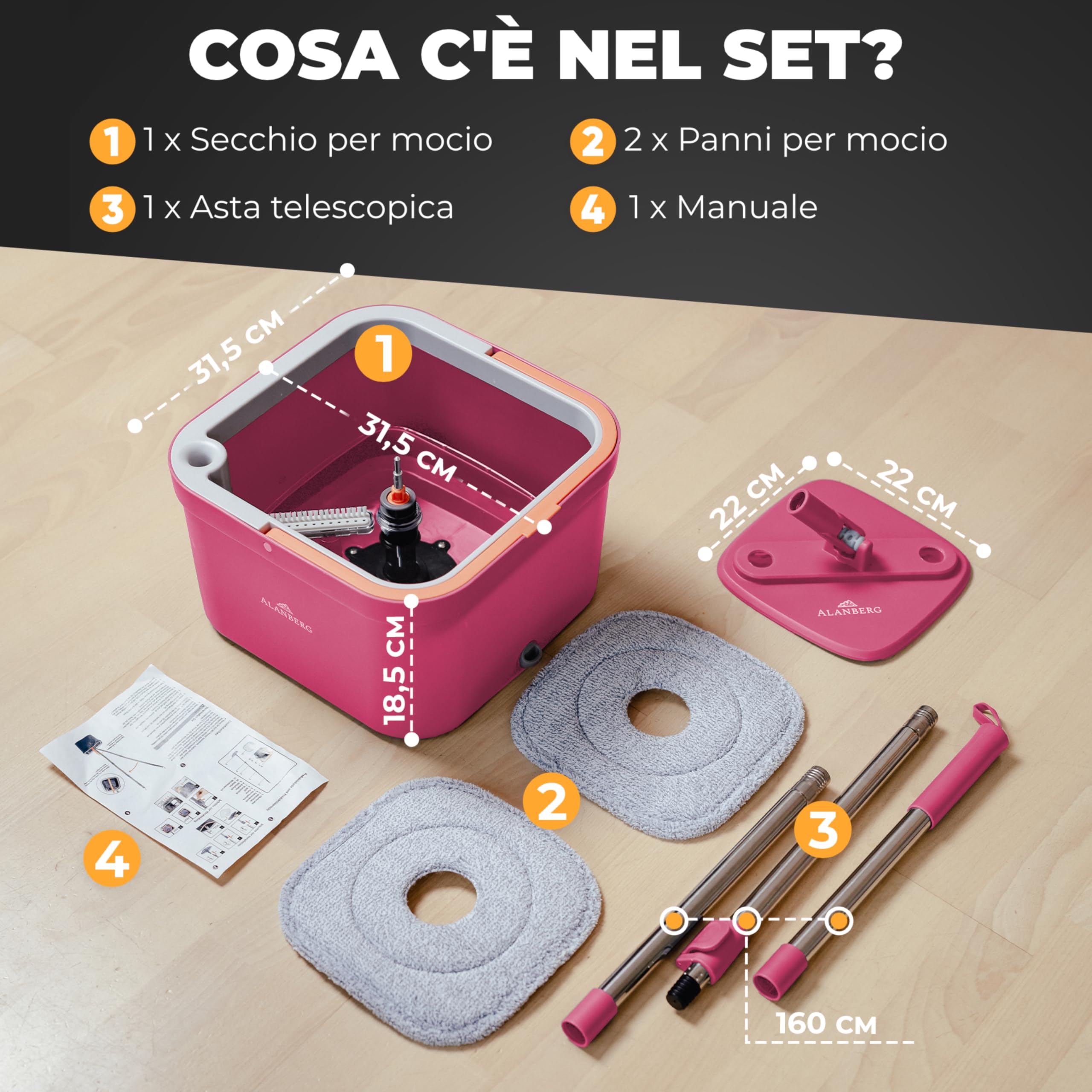ALANBERG Mocio Lavapavimenti, Secchio Lavapavimenti, 2 Vasche, Rosa | Secchio Lavapavimenti Doppia Vasca, Panni In Microfibra, Manico Telescopico, Acqua Pulita E Sporca