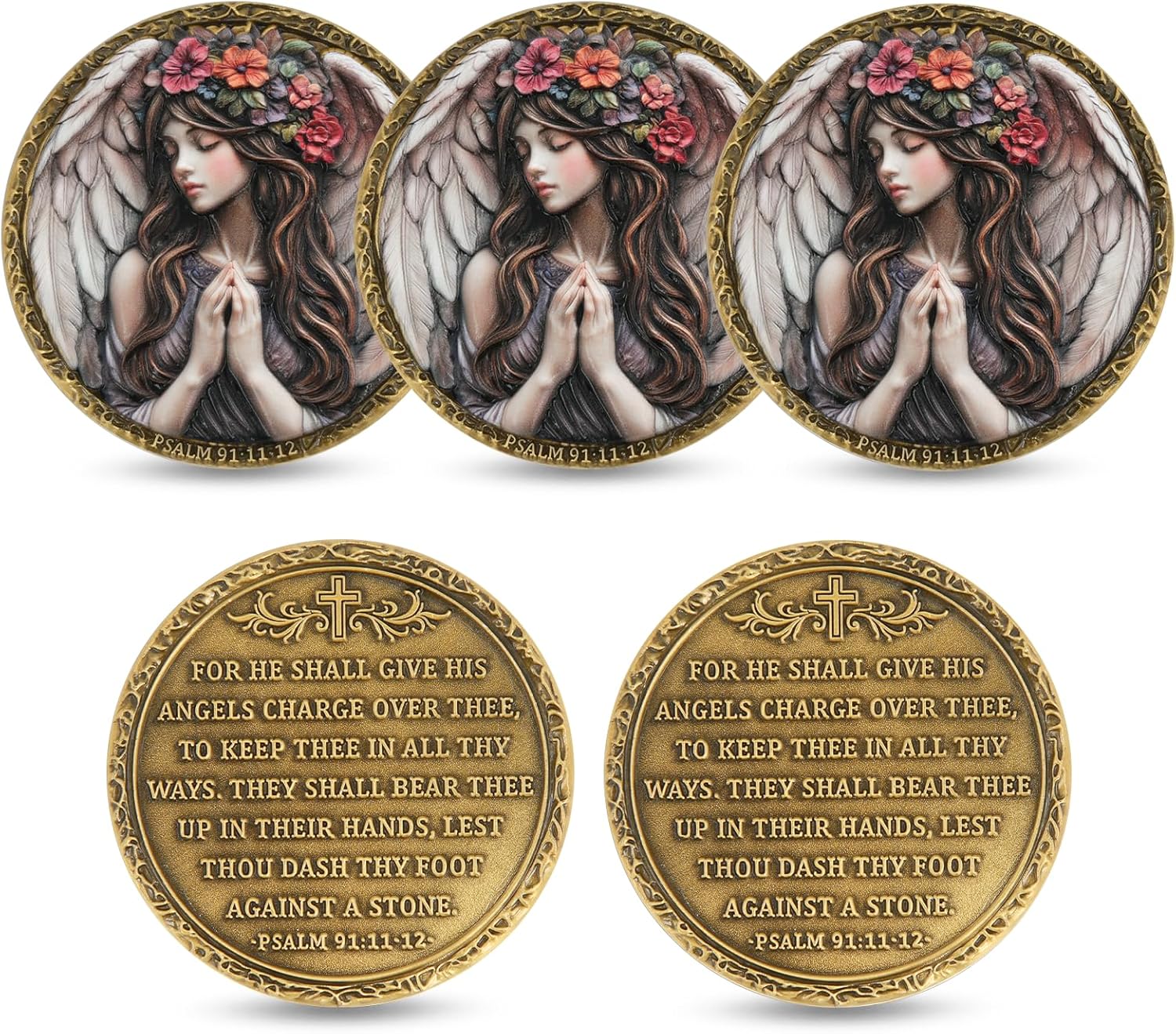 Prayer Angel Scripture Challenge Coin 5-Pack with Psalm 91:11-12 Bible Verse – Christian Collectible Coins with Acrylic Cases