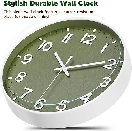 Miniatura 5 de Reloj de pared silencioso sin tictac, funciona con pilas, moderno reloj de pared analógico verde oliva para sala de estar, cocina, oficina,