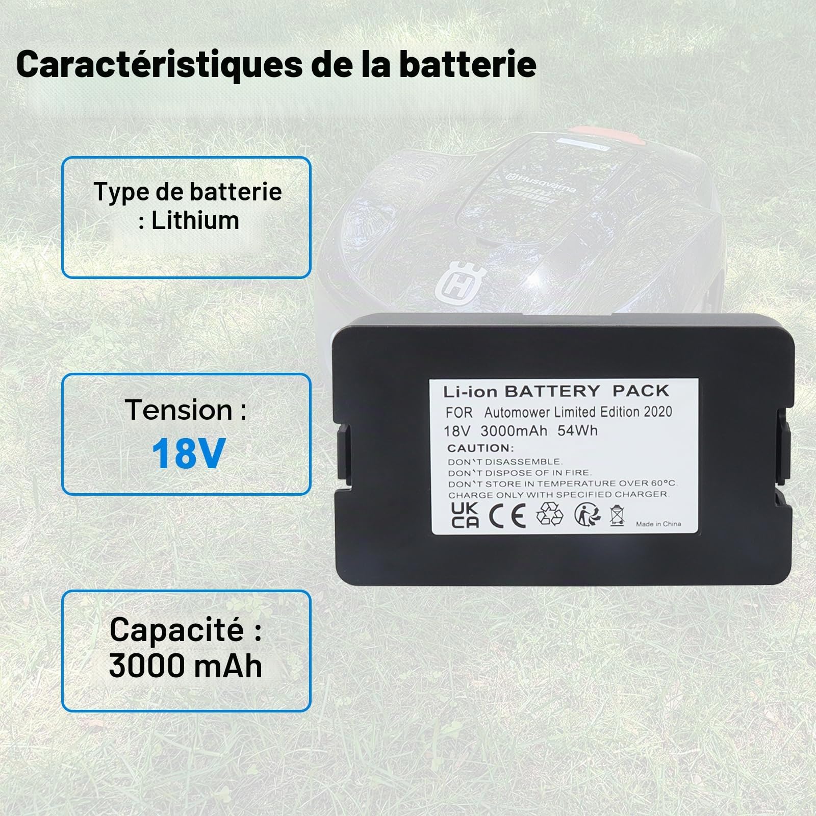 Batterie 18 V compatible avec Husqvarna Automower 115H 2020, 320, 330X, 420, 520, 315X, Gardena Sileno City 250, 750, Gardena Sileno City 500, 1000, 400, Sileno City 2019, 3000 mAh
