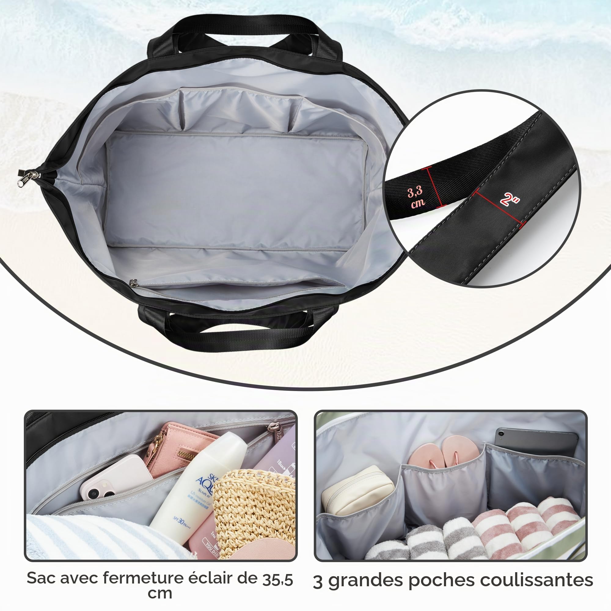 KALIDI Sac de plage extra large avec fermeture éclair 60 l | Sac de transport anti-éclaboussures pliable et léger pour les vacances, les voyages, le shopping, réutilisable