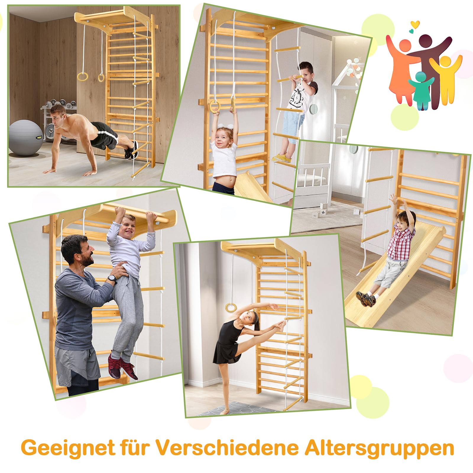 LARS360 Multifunktions Sprossenwand Set für Kinder, Holz Klettergerüst Indoor - Kletterwand, Klettergerüst, Turnwand - Bestes Fitnessstudio für alle Familie, Sportgeräte ab 3 Jahre