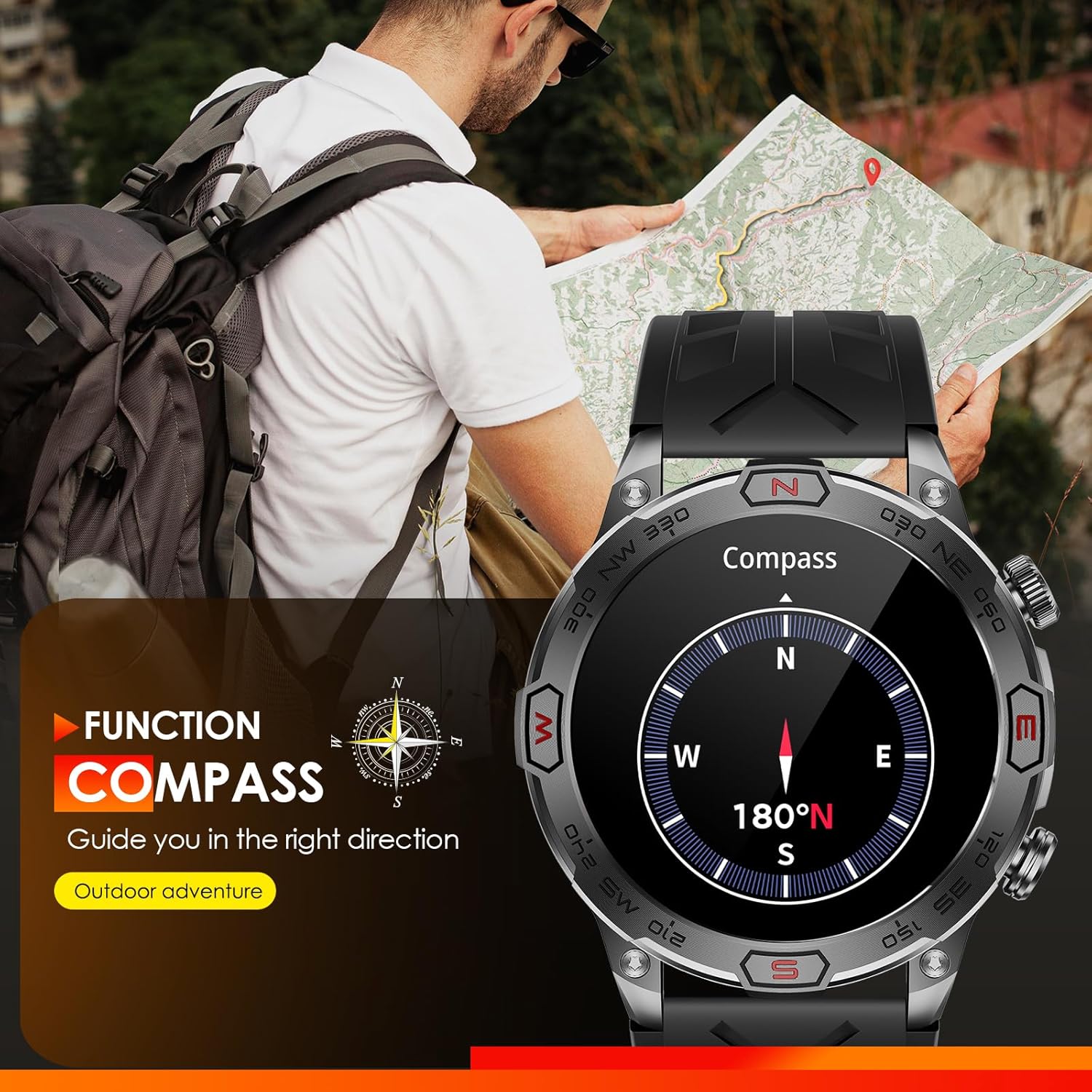 Military Smart Watch for Men with LED Flashlight/Compass/Barometer 10M Waterproof AMOLED Smart Watch Heart Rate Sleep Tracker Fitness Watch 1.43” Tactical Smartwatch for iOS Android Bluetooth Call