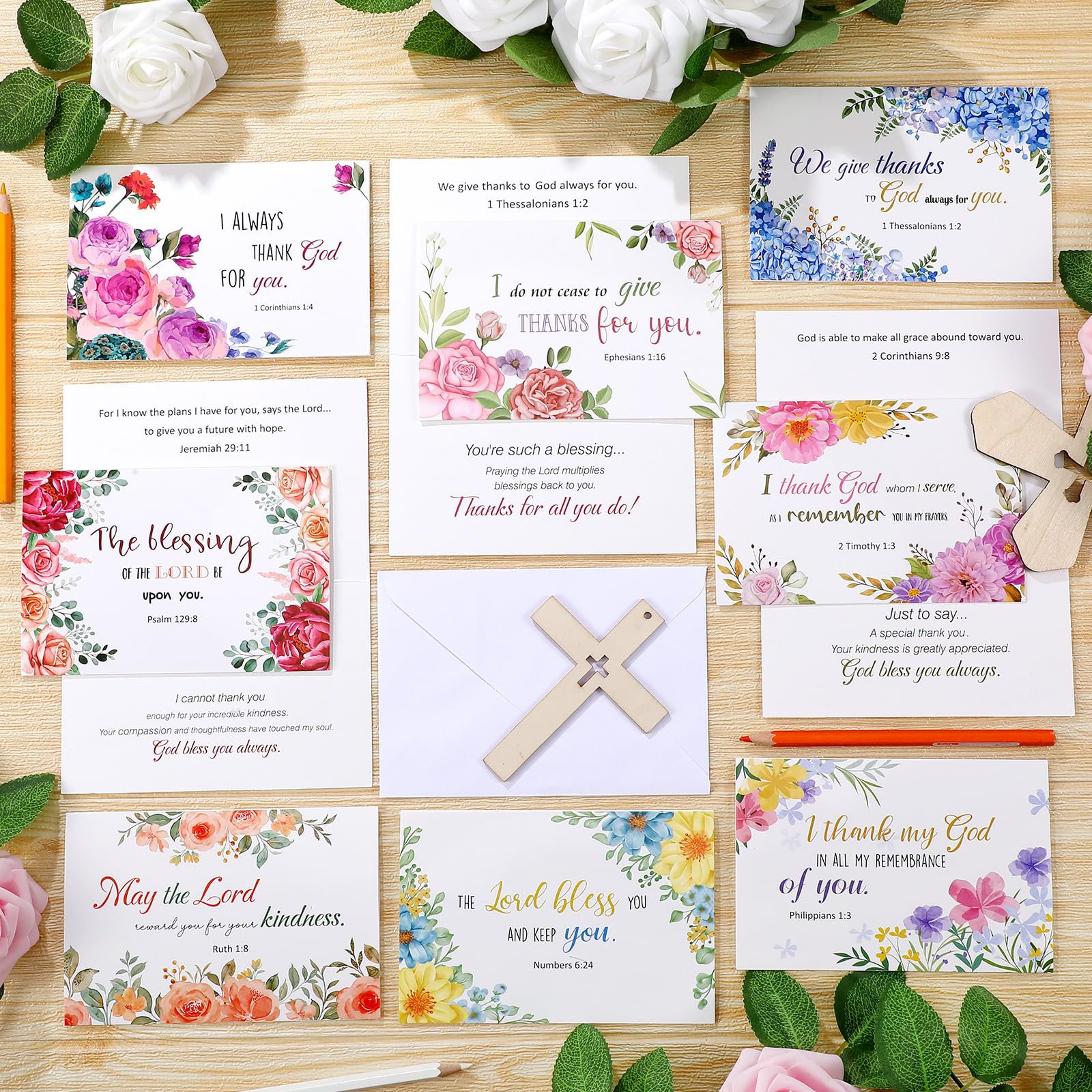 Motiskyy Paquete de 100 tarjetas religiosas de agradecimiento a granel con sobres, calcomanías, 10 diseños surtidos con bendiciones de las Escrituras, versículo bíblico inspirador, tarjetas de