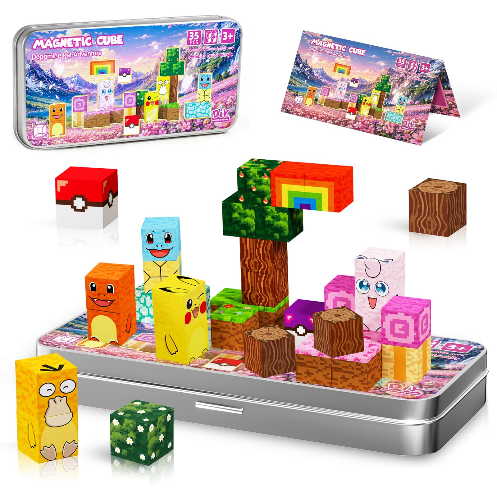 Mini Magnetic Building Blocks 35PCS Travel Magnets Cubes with Metal Storage Box Cherry Blossom Pet World Series Road Trip &amp; Airplane Activities Essentials STEM Toys for Kids Toddlers Ages 3-8