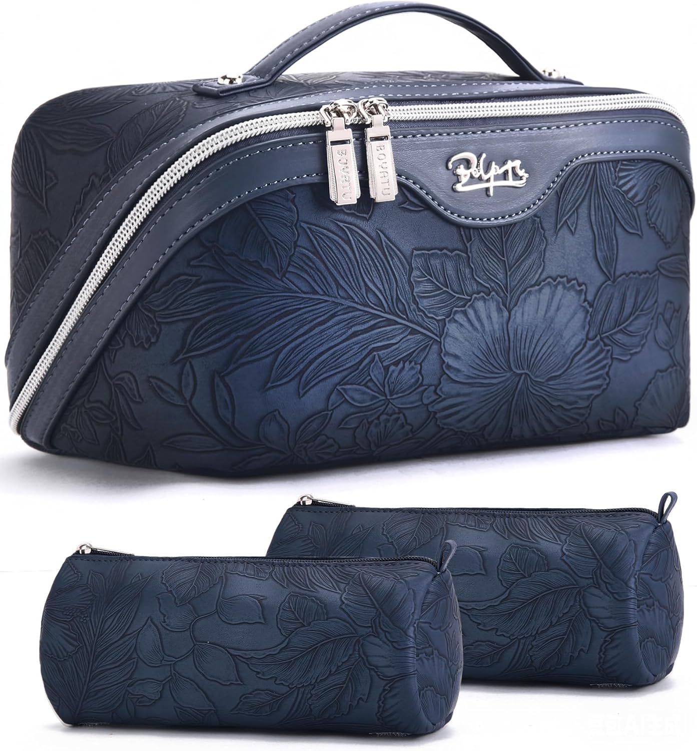 BOYATU Travel Makeup Bags Cosmetic Organizer Bag: 3-Set Large Capacity Make up Bag – PU Leather Toiletry Bags for Women – Wide Open Portable Pouch with Divider & Handle (02-Dark Blue)
