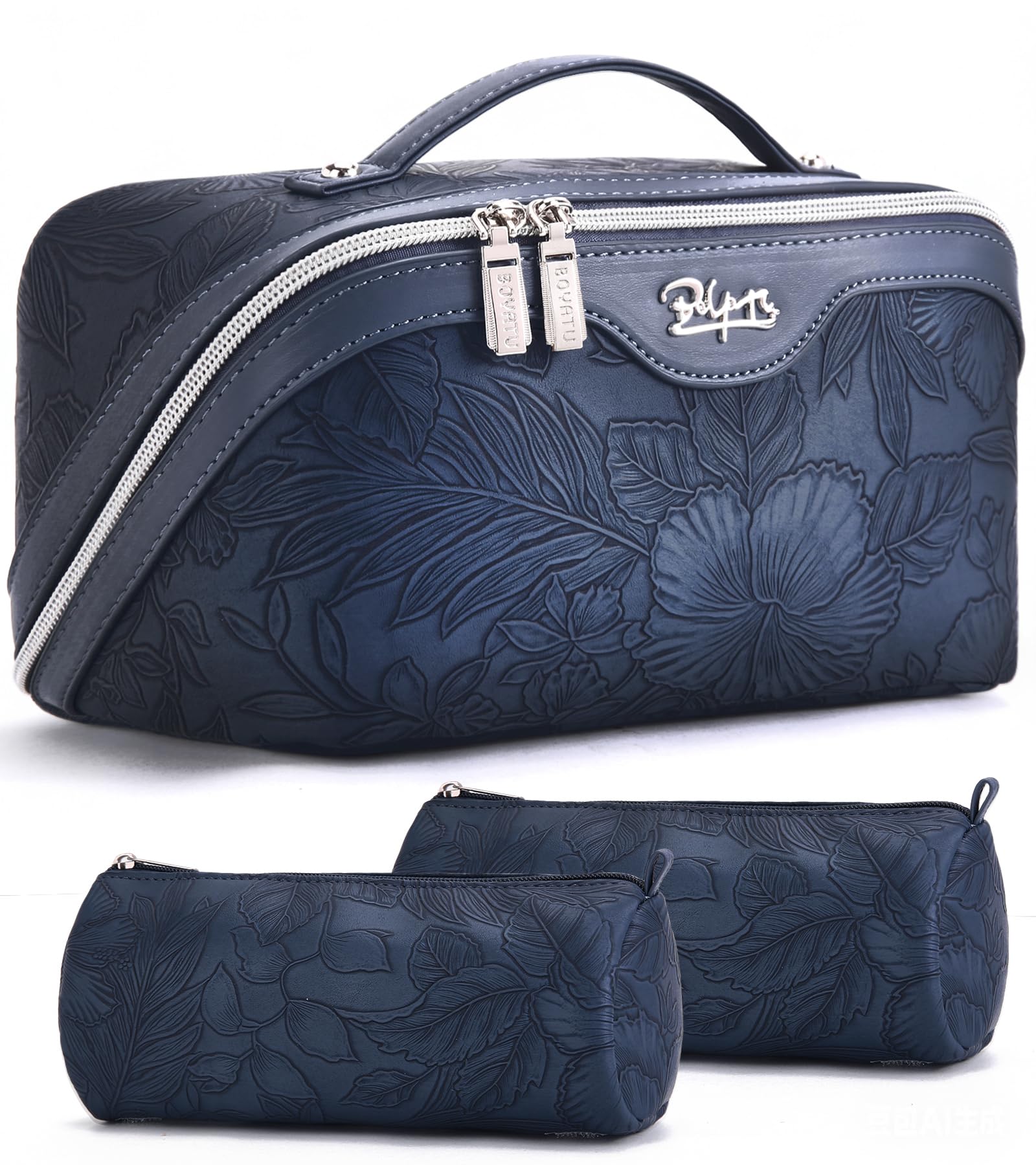 Set di 3 custodie per trucco da viaggio di grande capacità – Astuccio da toilette in pelle sintetica da donna – Custodia portatile con grande apertura con separatore e maniglia, 02-blu scuro, Astuccio