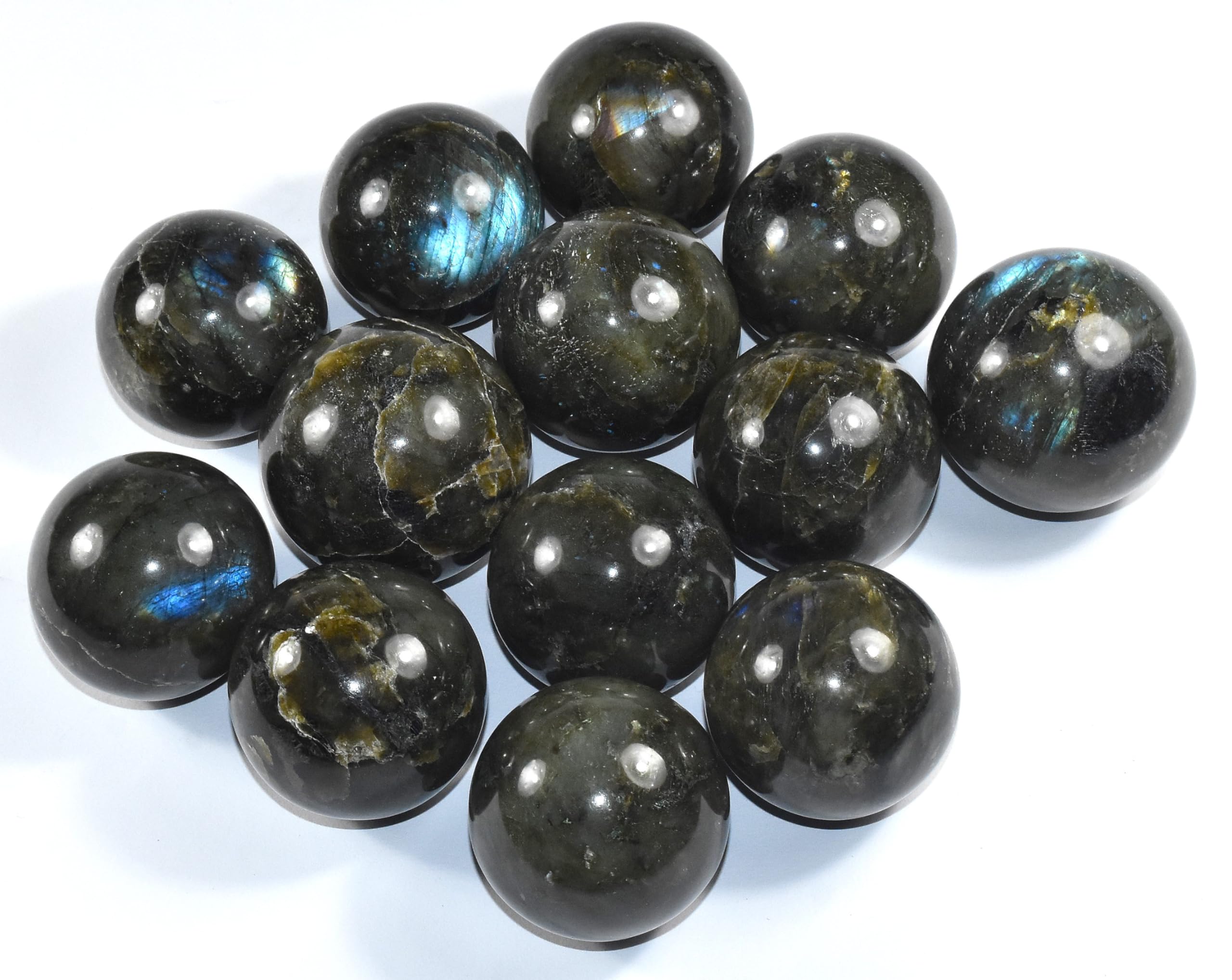 Pair 47mm Sparkling Labradorite Carved Spheres Polished Collectible Natural Feldspar Gemstone Crystal Mineral Decor Specimen Balls - Madagascar + Stand (2PCs)