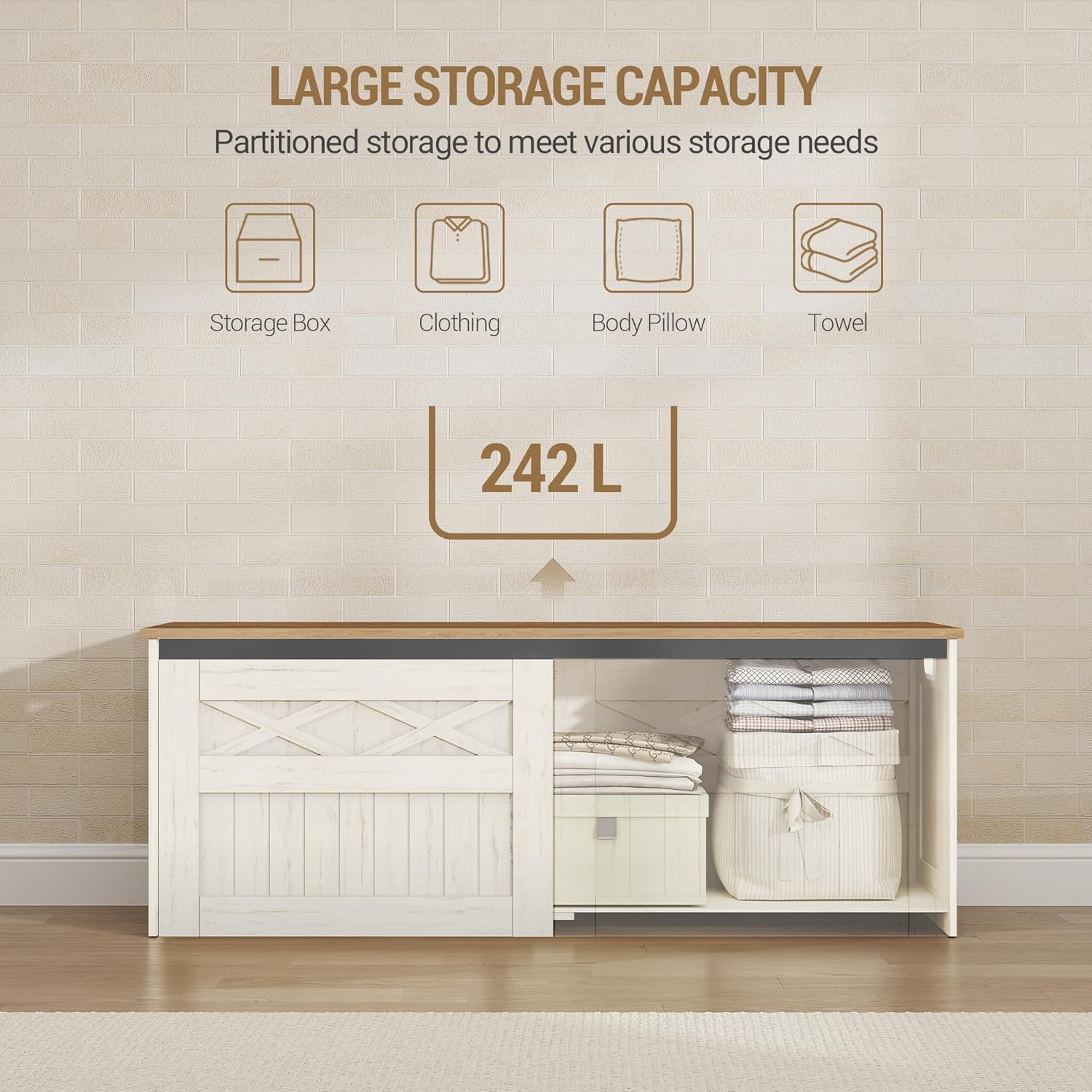 47.2" Storage Chest, Large Storage Bench with 2 Hinges, Farmhouse Wooden Box Bench, Lift-Top Organizer Chest, Wooden Bed End Bench, Suitable for Entryway, Bedroom, Retro White SB51214X