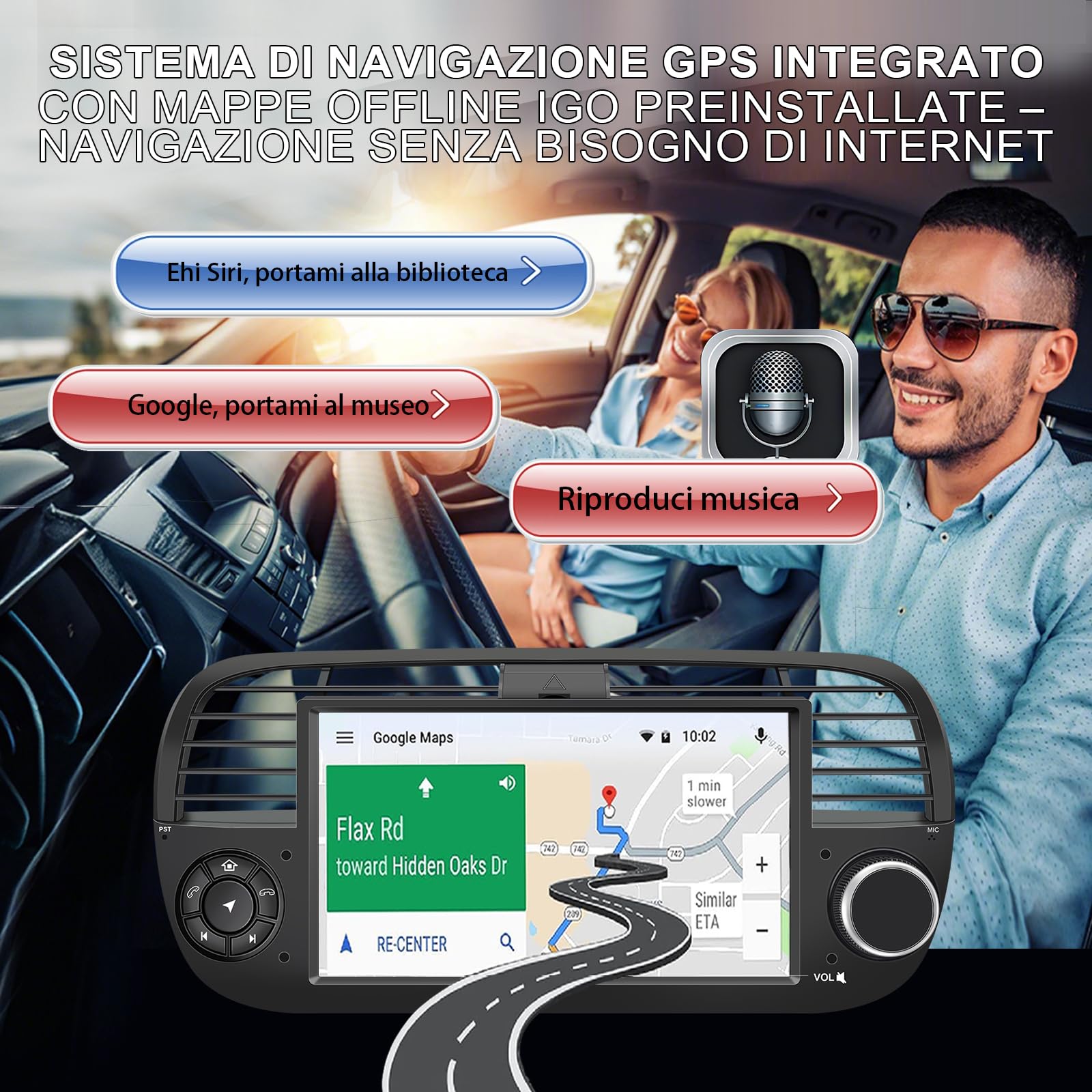 Autoradio Android 14 per Fiat 500C 2007–2015 7" Touchscreen IPS | Navigatore GPS | Wireless CarPlay Android Auto | Bluetooth 5.0 | DSP DAB+ WiFi USB OBD2 | Stereo 1 DIN con Canbus