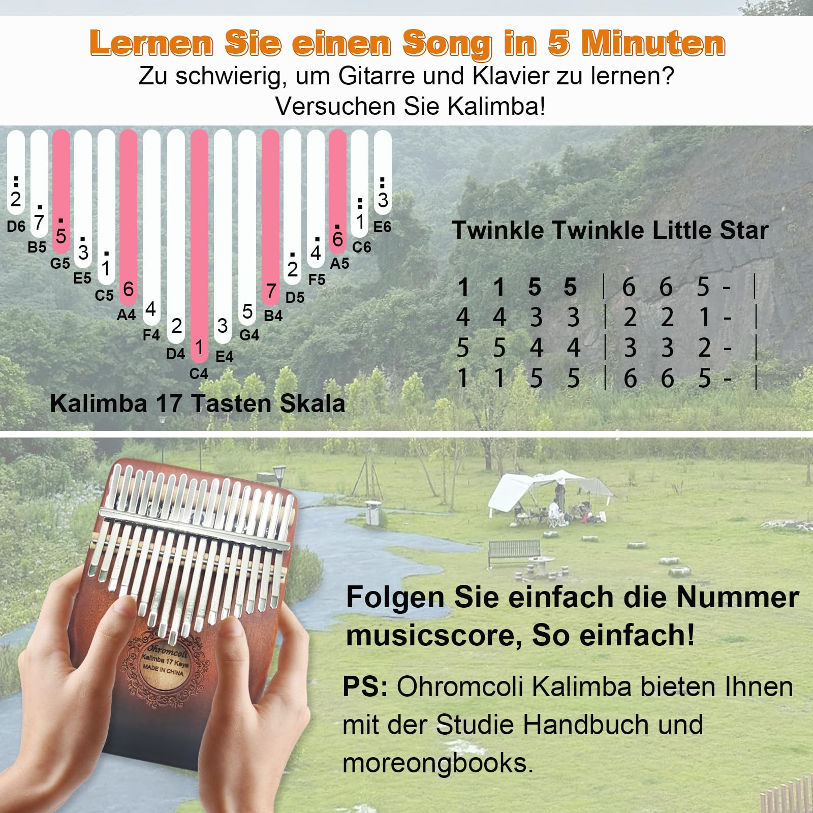 Kalimba - 17 Keys Kalimba Instrument mit Lernwerkzeuge,Finger Percussion,Professionelle Daumenklavier für Kinder, Erwachsene,Erwachsene und Musikliebhaber(Allmähliches Braun)