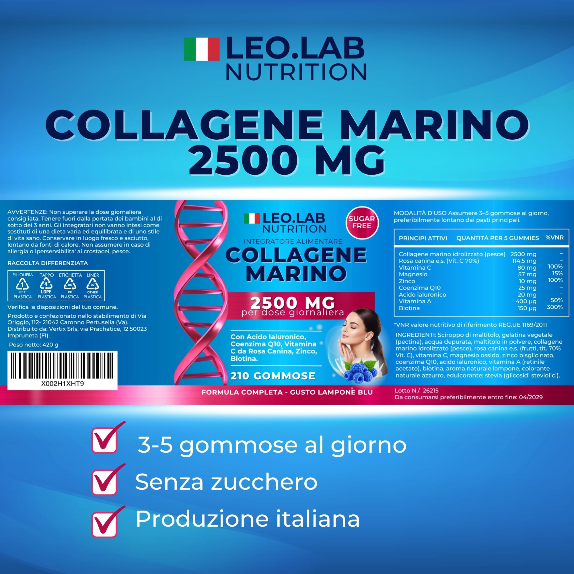 Collagene Marino con Acido Ialuronico 2500mg 210 Gummies - Con Vitamina C, A, Zinco Q10 per la Funzione e Mantenimento della Pelle, Capelli e Unghie