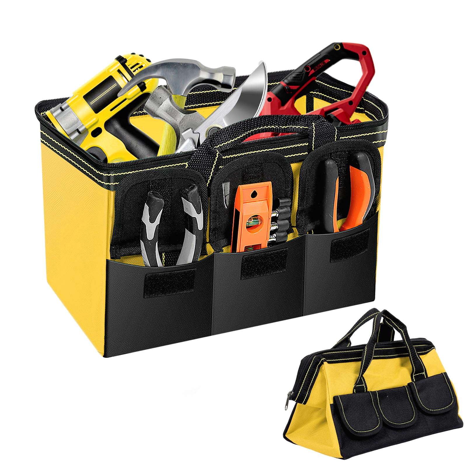 Bpyhebe Yellow-16 Inch Practical Tool Bag, 16 Inch Heavy Duty Oxford Fabric Electrician Tools Storage Bags With Solid Handles & Smoothly Zipper, Large Capacity Multiple Pockets Tool Organiser For Cars Garden Technicians
