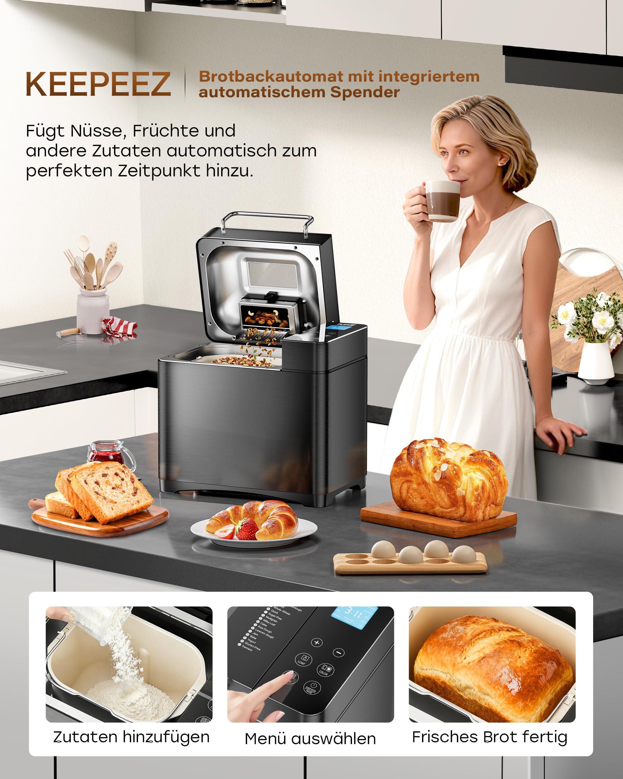 Panificatrice da 710 W, 1 kg, al quarzo, in acciaio inox, con padelle in ceramica, 17 in 1 con distributore automatico di scanalatura, 2 remi, 3 dimensioni di pane e 3 colori per la cottura