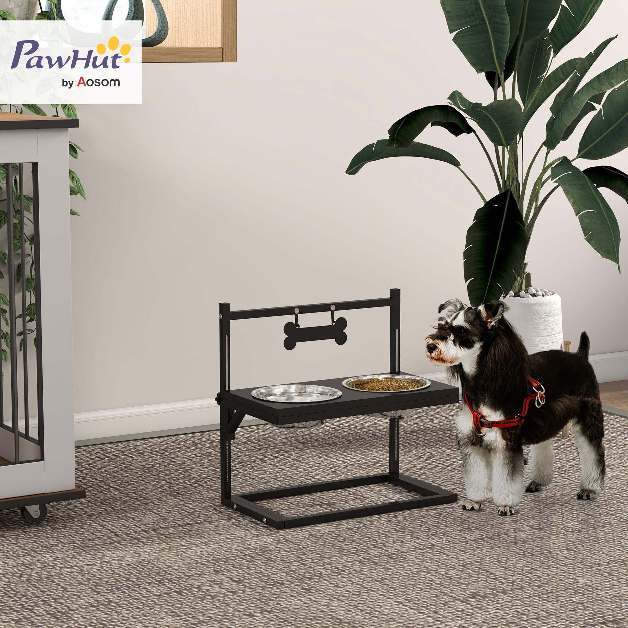 PawHut Gamelles Surrélevées Chien Porte-Gamelle Ajustable 11 à 33 cm Noir | 2 Bols Amovibles en Acier Inoxydable, Plaque Motif Os