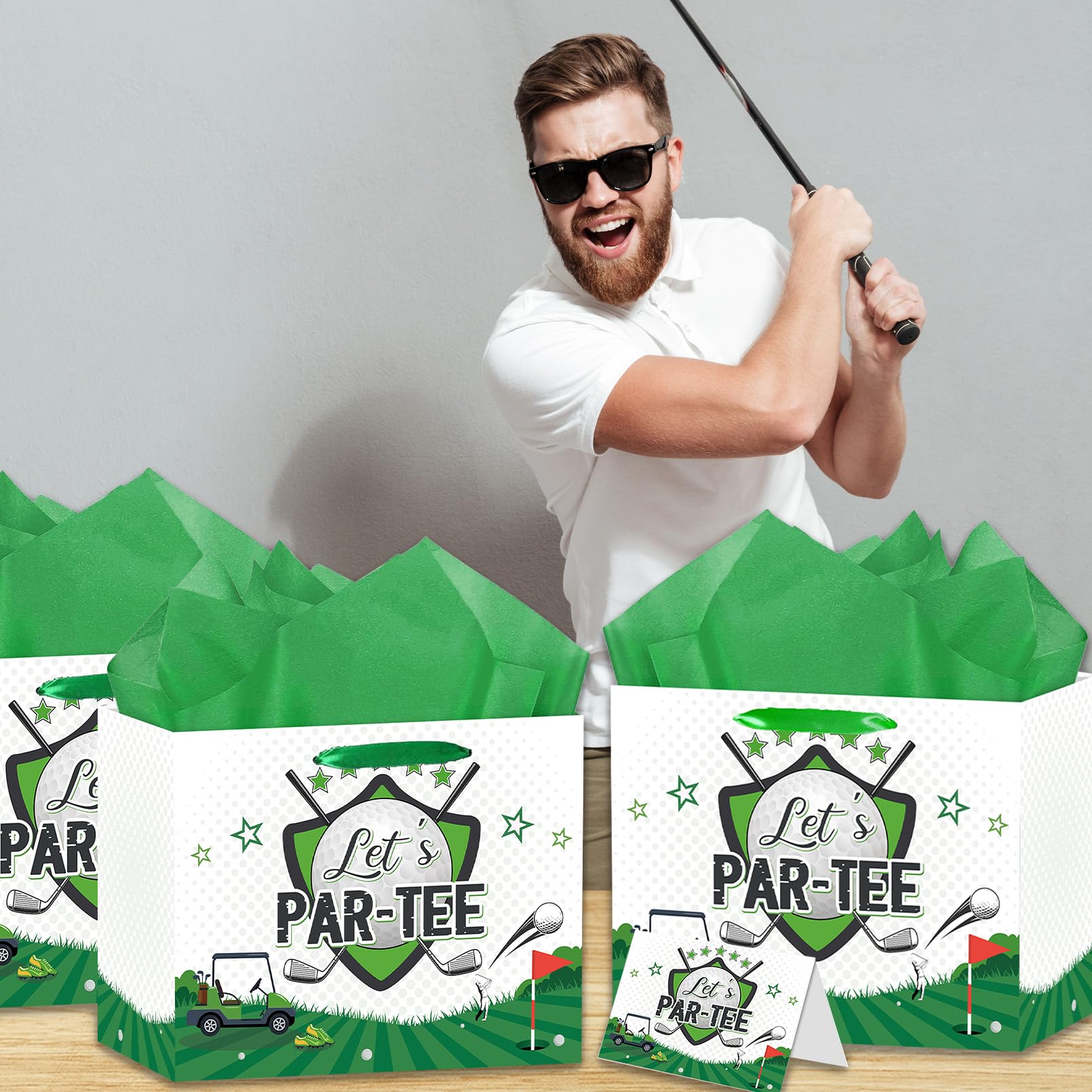 LOYUJI Large Golf Birthday Gift Bag, Green Golf Themed Gift Bag with Tissue Paper and Card, Sports Party Decorations for Men, Boys, Baby Showers, Birthday Party Favor Supplies