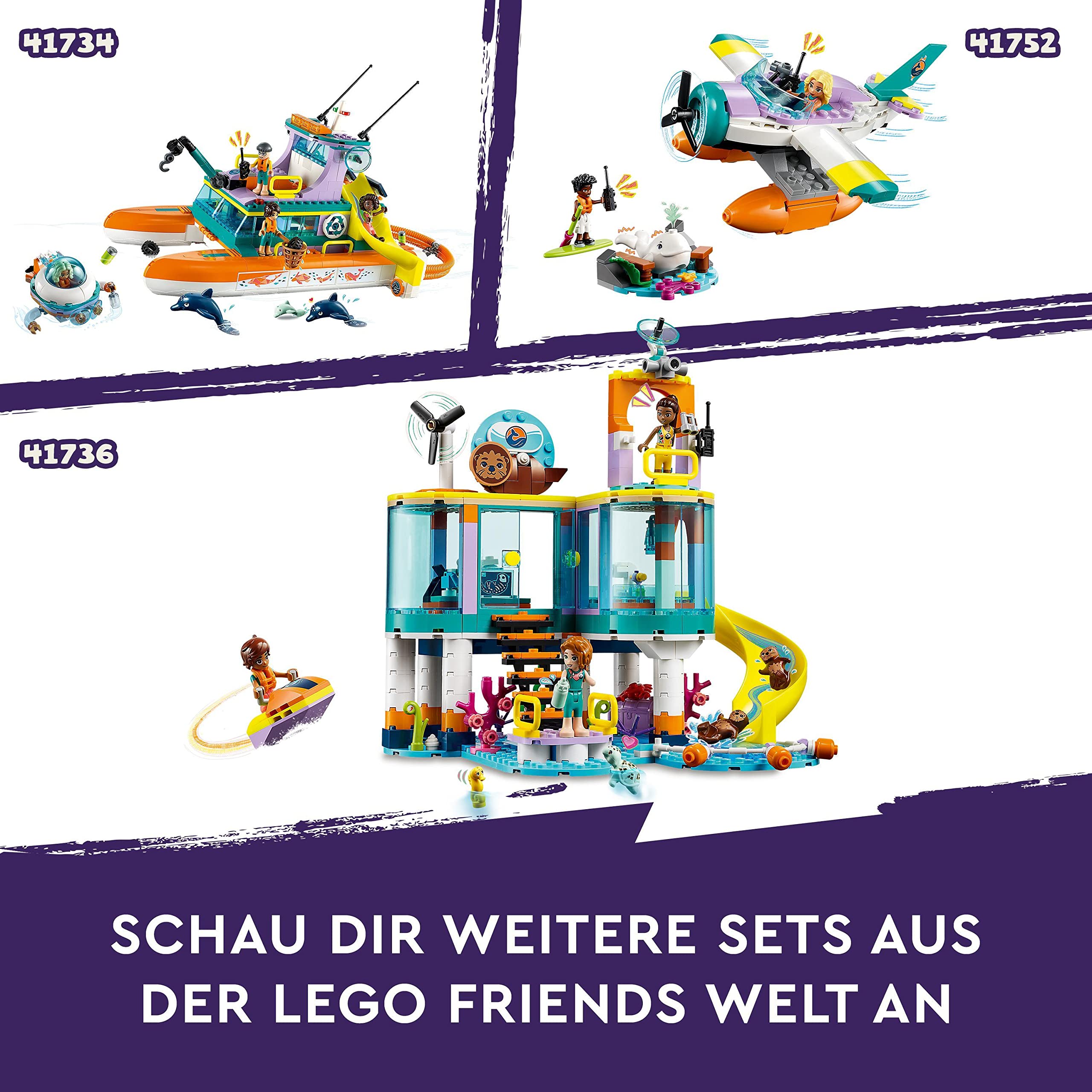 LEGO 41736 Friends Seerettungszentrum Tierarzt-Spielzeug für Kinder mit Otter-, Seepferdchen- und Schildkröten-Tierfiguren, Tierpflege-Spielzeug, Mädchen und Jungen ab 7 Jahren